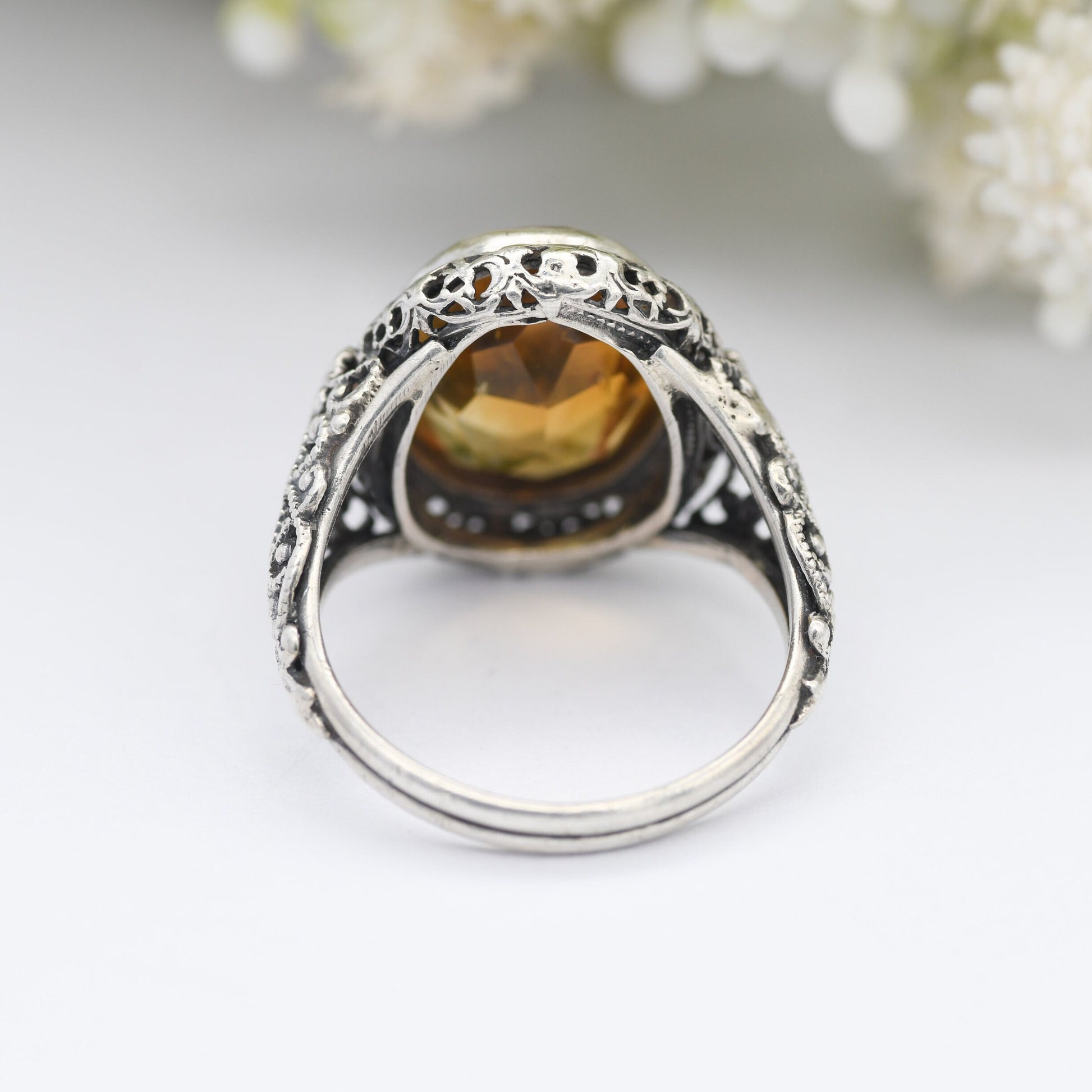 Antique Sterling Silver Citrine Ring - Ornate Openwork Band | Chunky Yellow Quartz | UK Size - P | US Size - 7 1/2