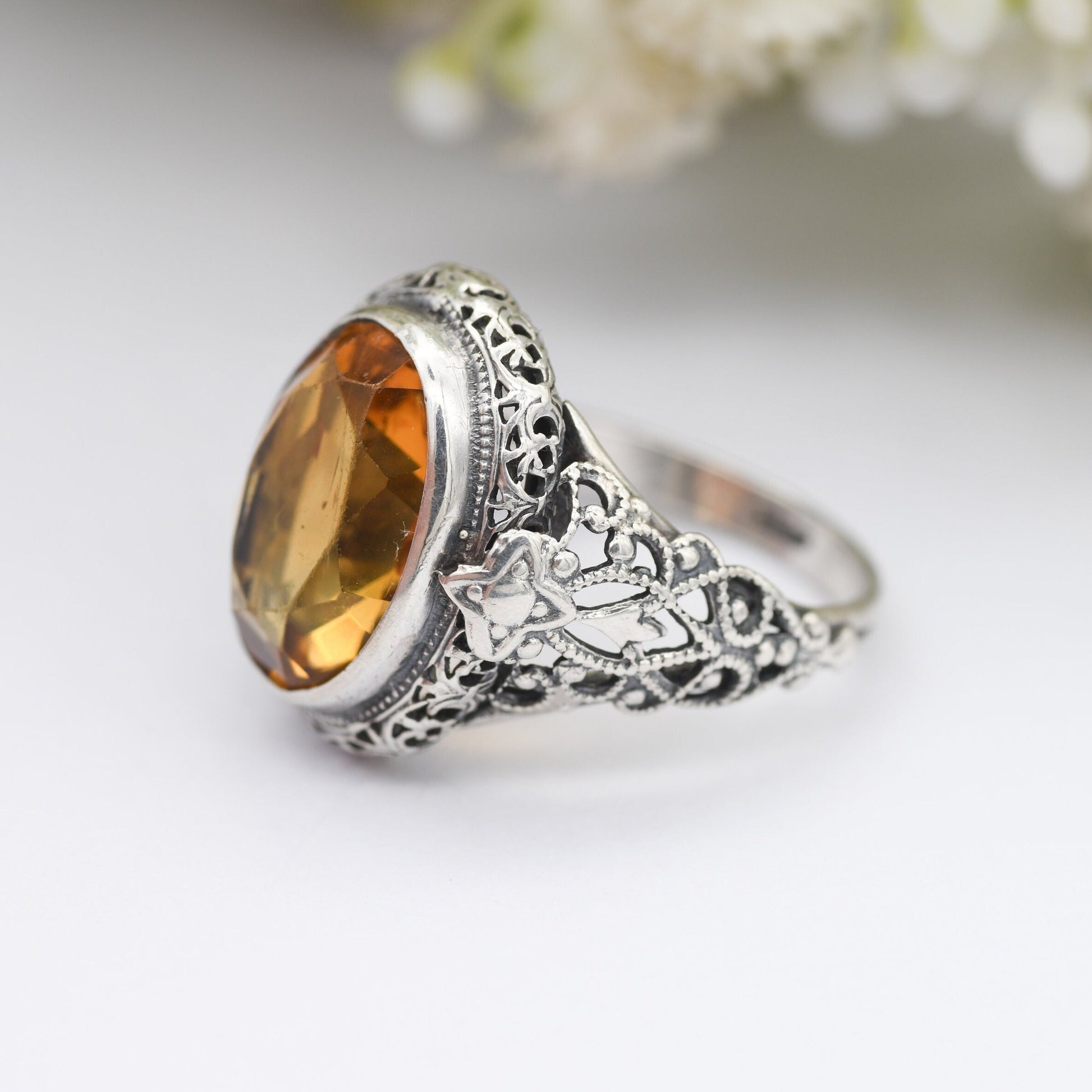 Antique Sterling Silver Citrine Ring - Ornate Openwork Band | Chunky Yellow Quartz | UK Size - P | US Size - 7 1/2