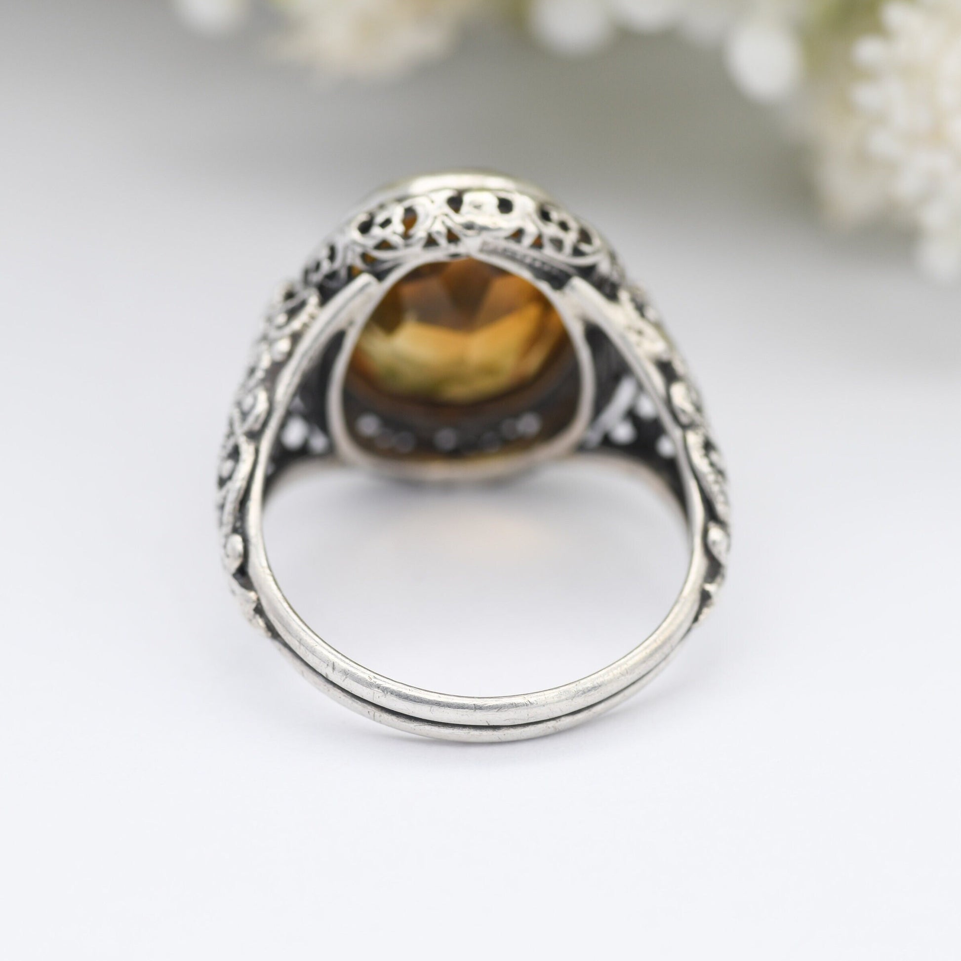 Antique Sterling Silver Citrine Ring - Ornate Openwork Band | Chunky Yellow Quartz | UK Size - P | US Size - 7 1/2