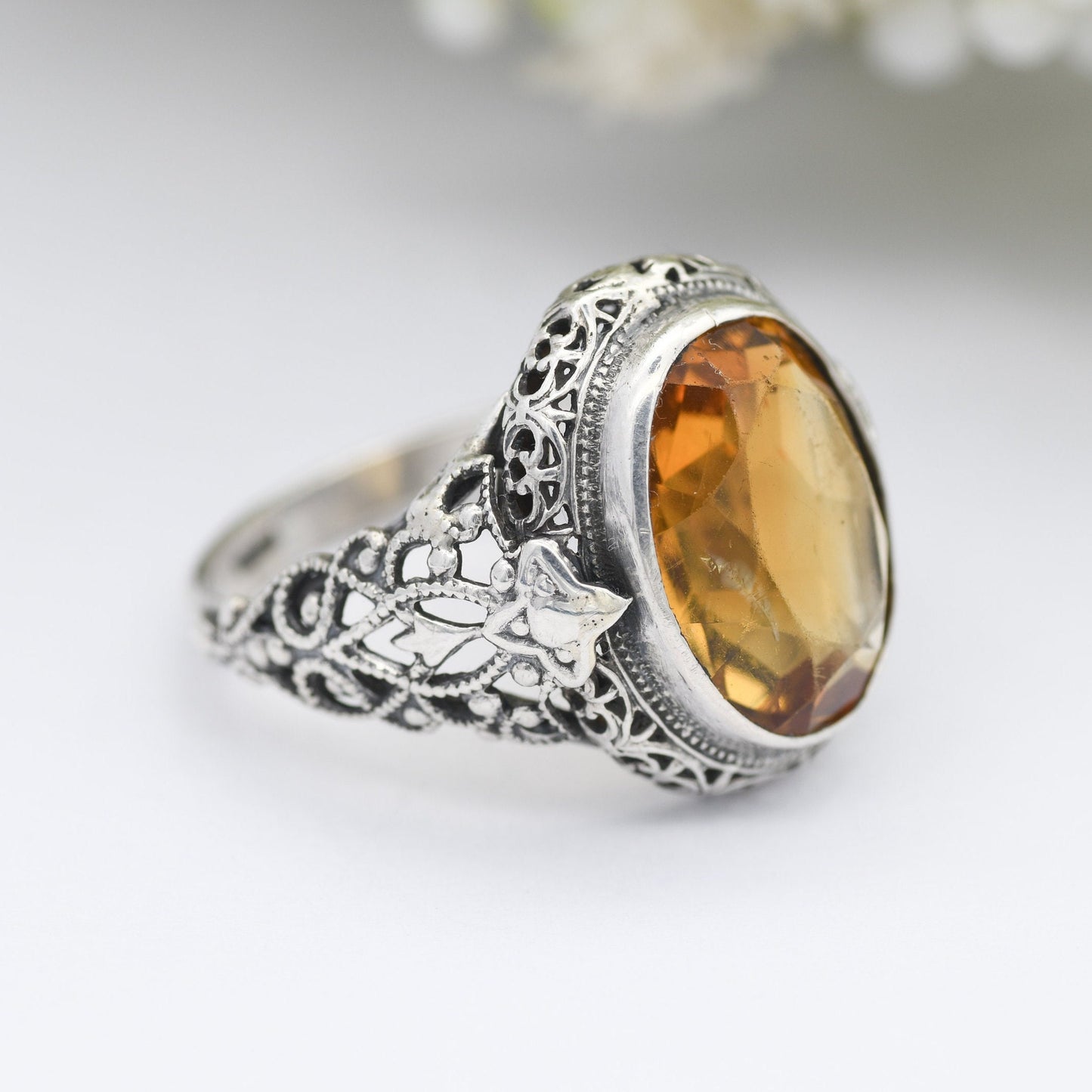 Antique Sterling Silver Citrine Ring - Ornate Openwork Band | Chunky Yellow Quartz | UK Size - P | US Size - 7 1/2