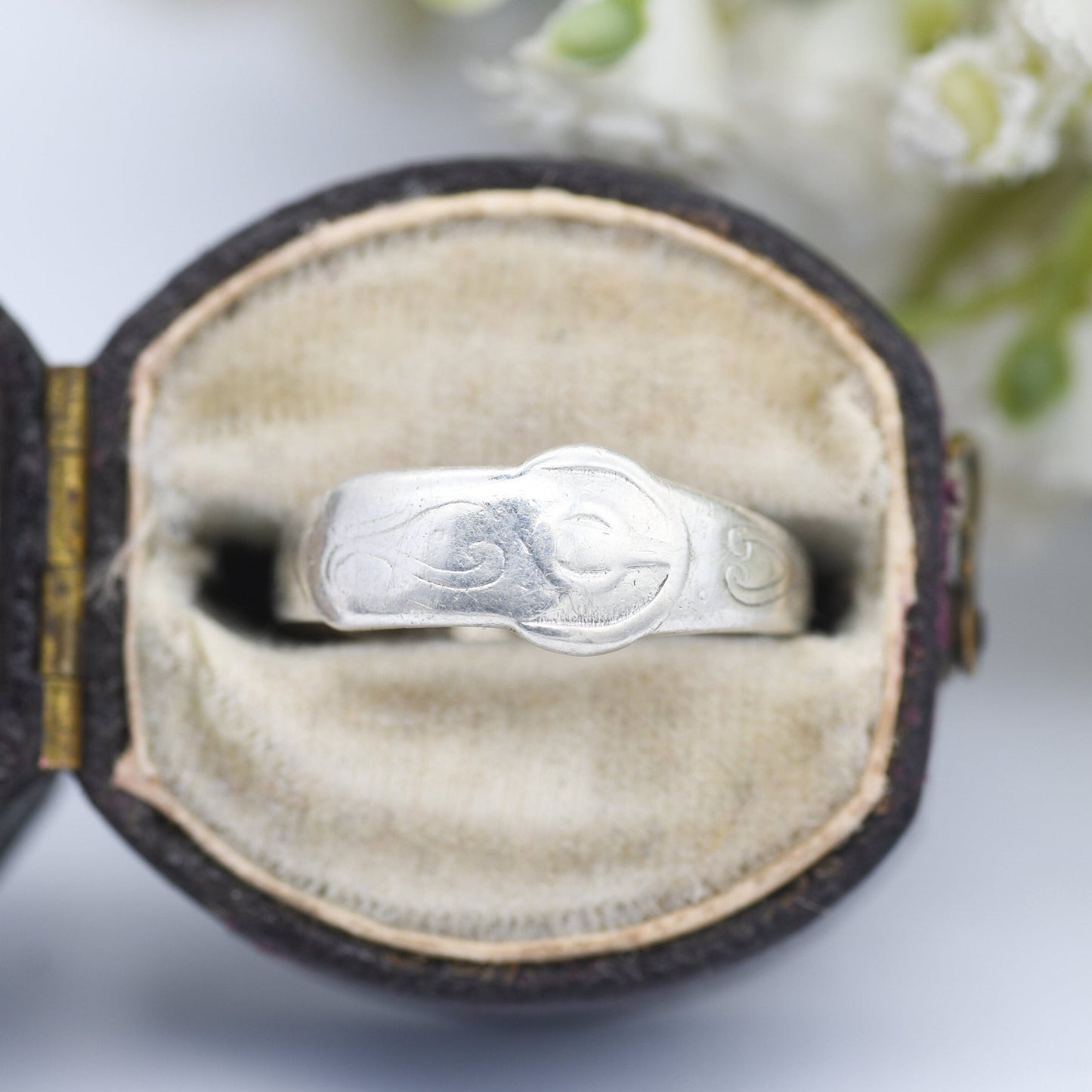 Antique Sterling Silver Buckle Ring - Victorian Band | Unisex Belt Ring | Scrolling Engraving | UK Size - M 1/2 | US Size - 6 1/4