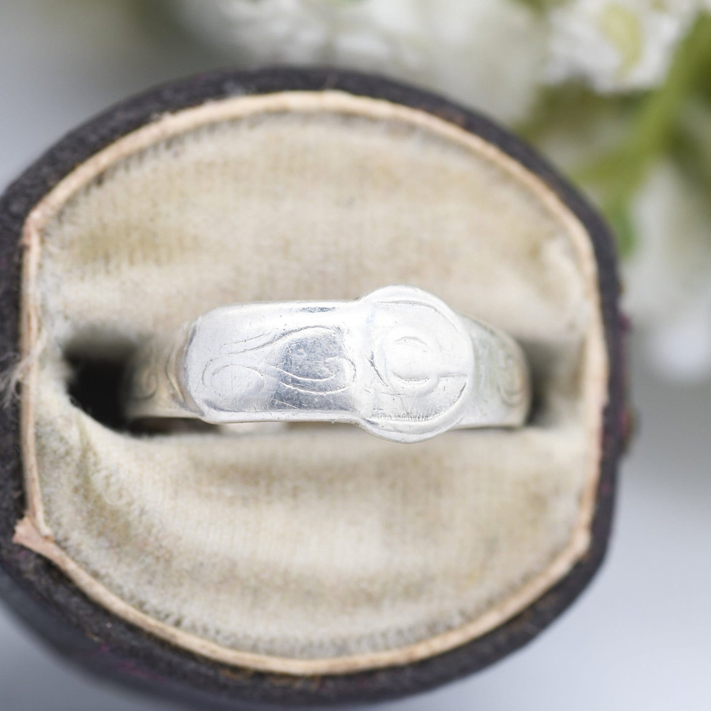 Antique Sterling Silver Buckle Ring - Victorian Band | Unisex Belt Ring | Scrolling Engraving | UK Size - M 1/2 | US Size - 6 1/4