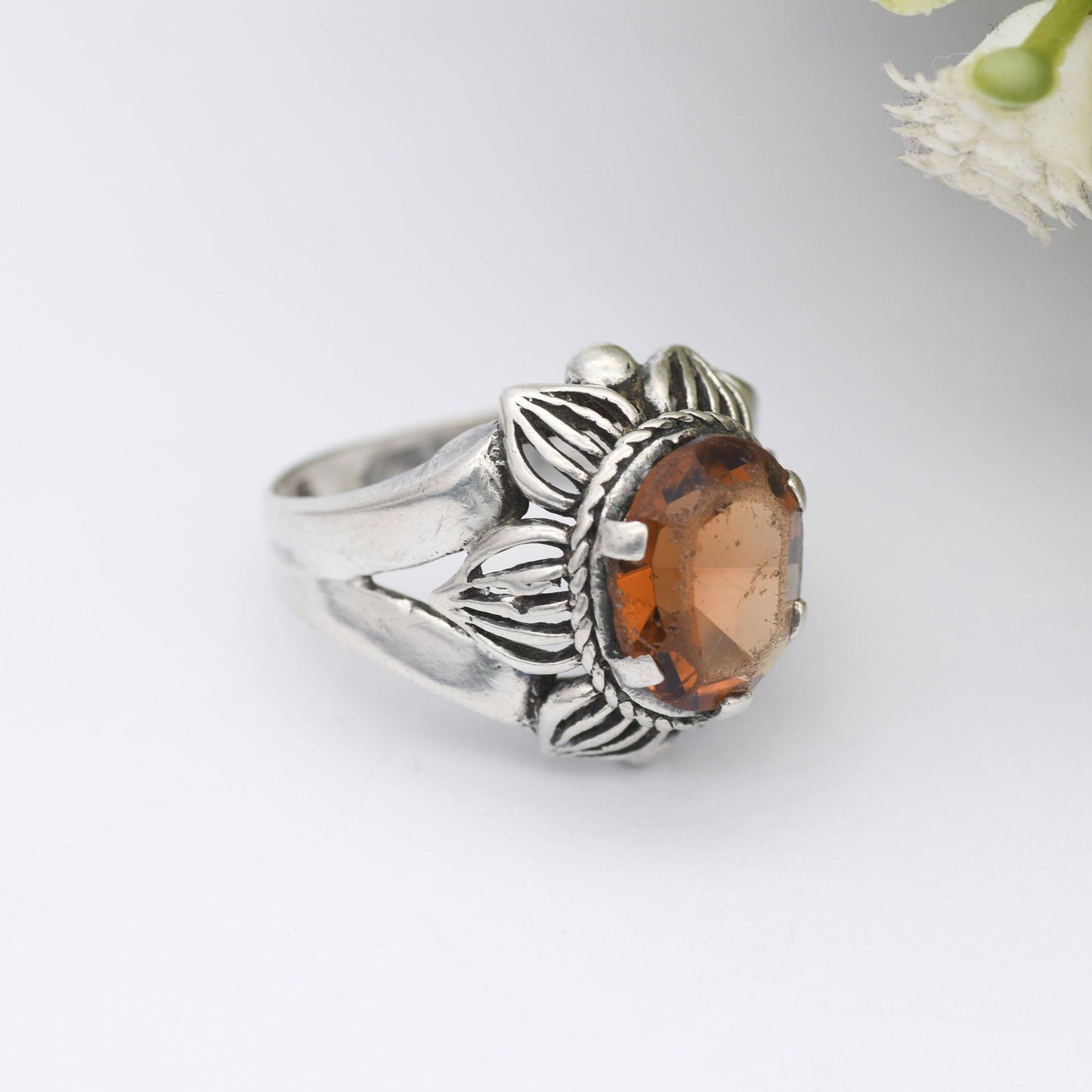 Vintage Sterling Silver Orange Paste Flower Ring - Chunky Mid-Century | UK Size - P 1/2 | US Size - 8