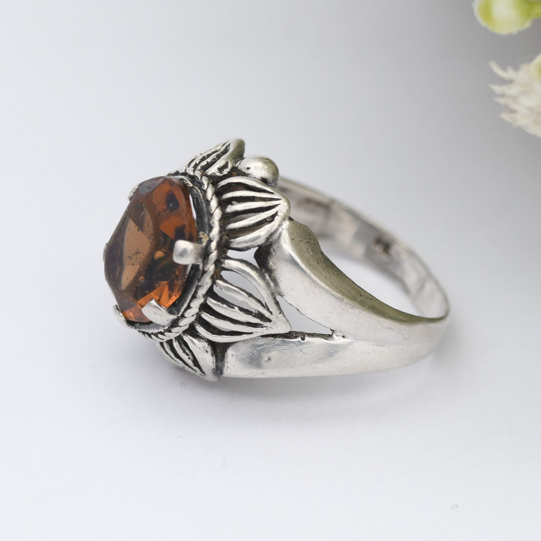 Vintage Sterling Silver Orange Paste Flower Ring - Chunky Mid-Century | UK Size - P 1/2 | US Size - 8