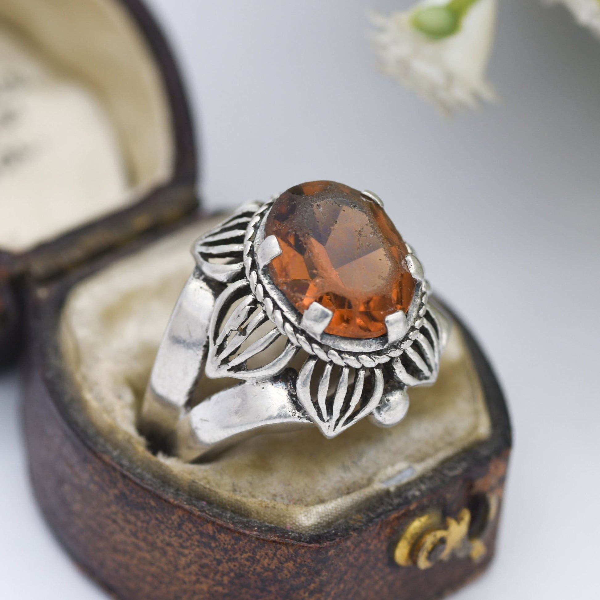 Vintage Sterling Silver Orange Paste Flower Ring - Chunky Mid-Century | UK Size - P 1/2 | US Size - 8