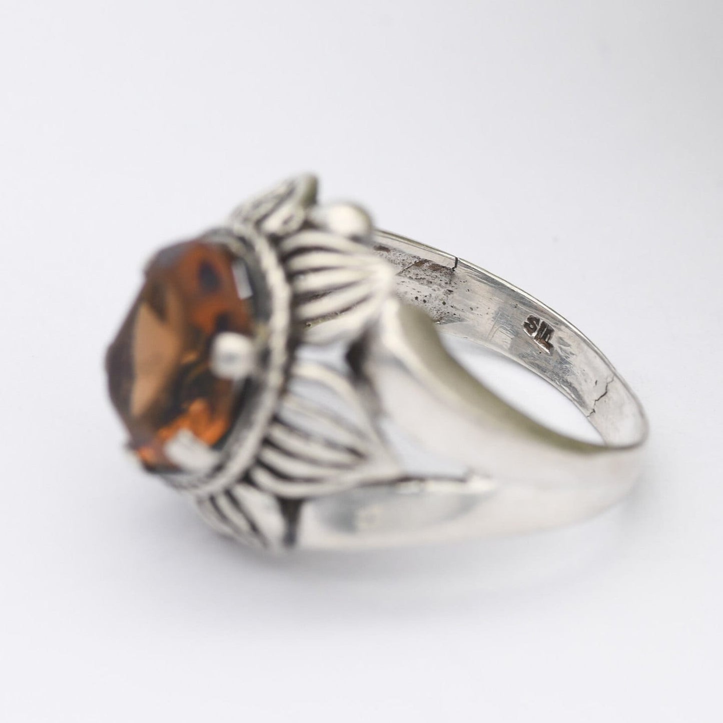 Vintage Sterling Silver Orange Paste Flower Ring - Chunky Mid-Century | UK Size - P 1/2 | US Size - 8