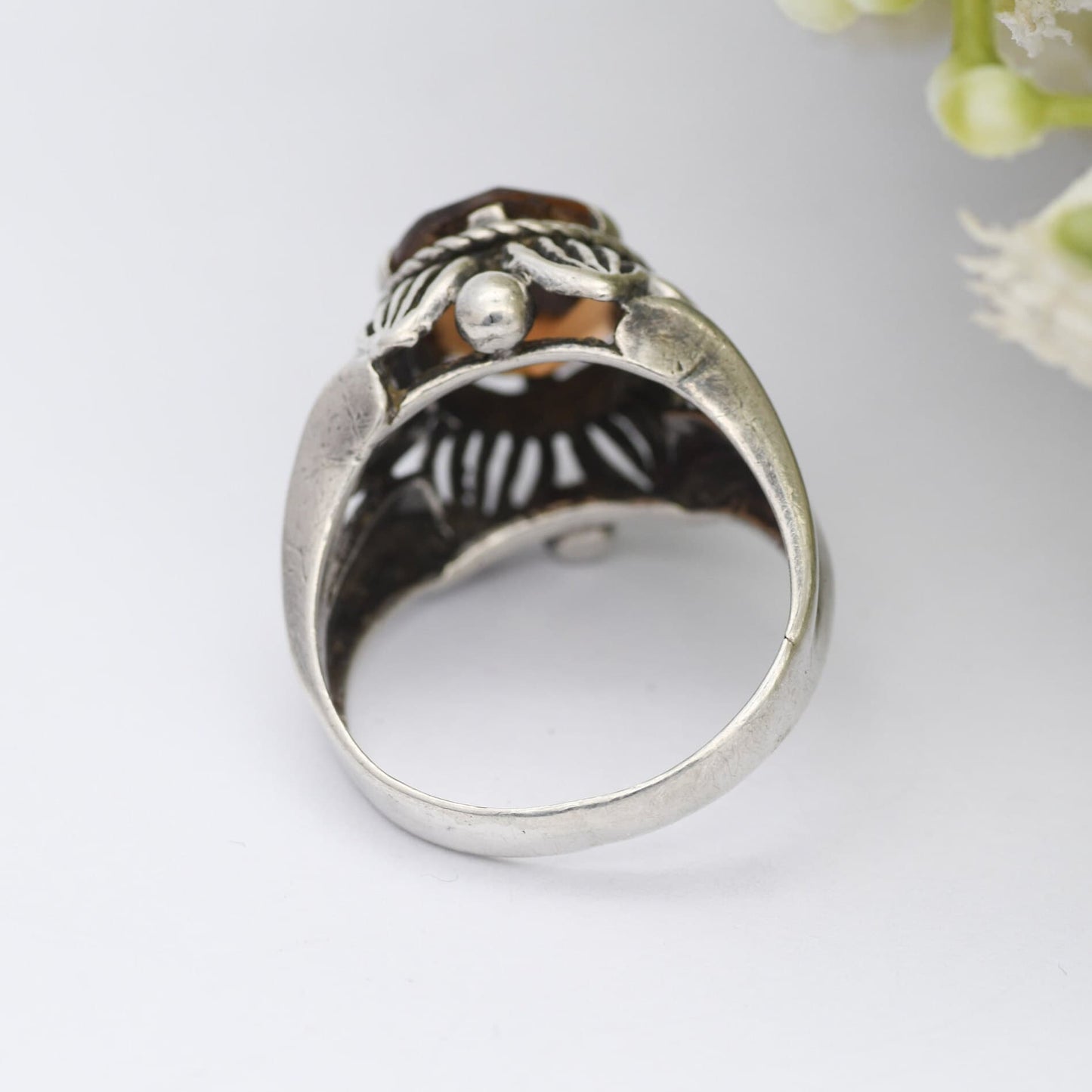 Vintage Sterling Silver Orange Paste Flower Ring - Chunky Mid-Century | UK Size - P 1/2 | US Size - 8