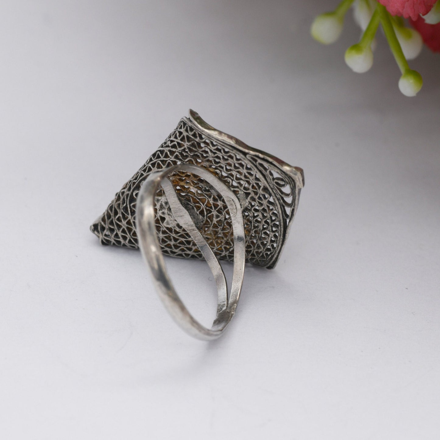 Vintage Silver Filigree Lily Flower Ring - Wirework Open Work Posy Ring | Large Statement | UK Size - M 1/2 | US Size - 6 1/2