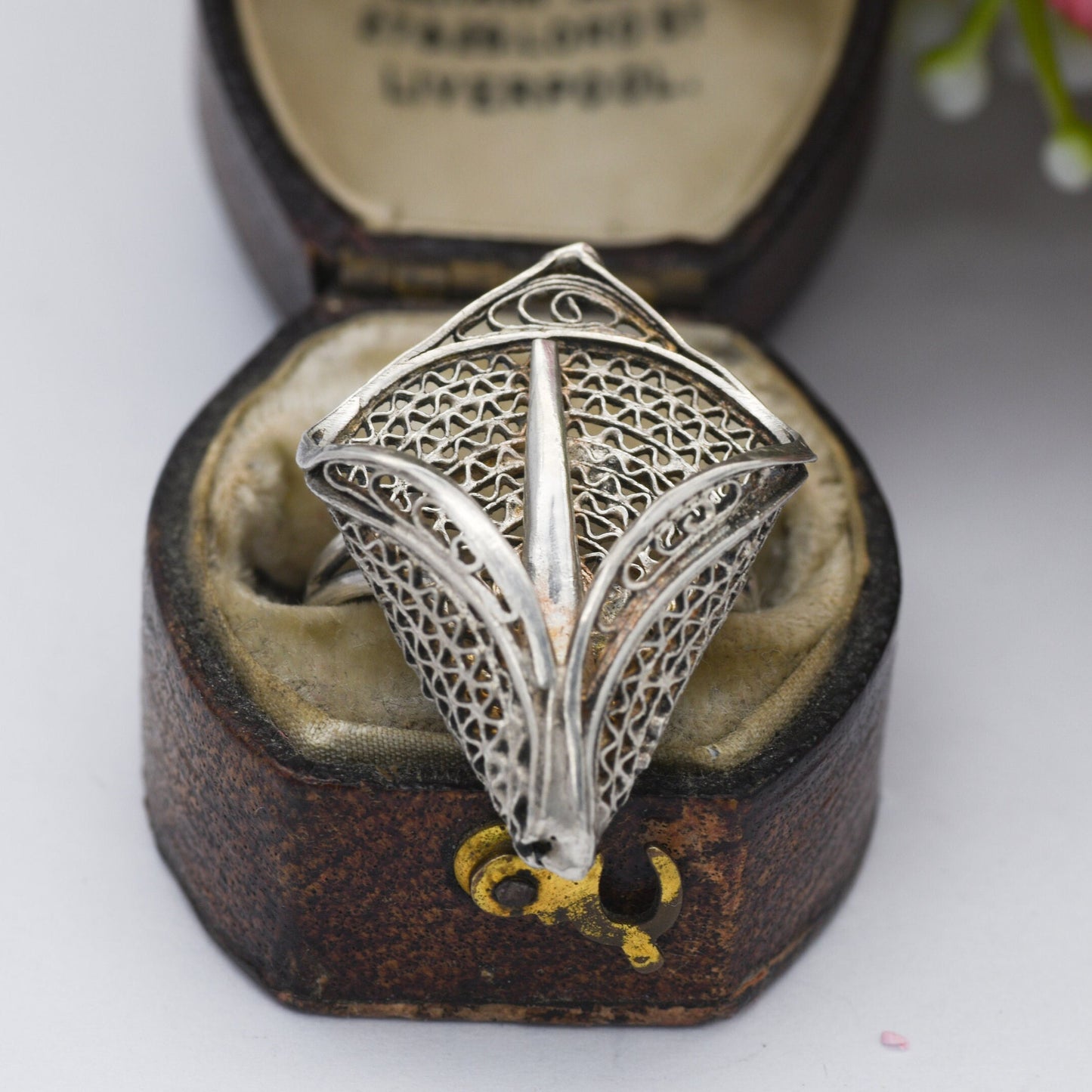 Vintage Silver Filigree Lily Flower Ring - Wirework Open Work Posy Ring | Large Statement | UK Size - M 1/2 | US Size - 6 1/2