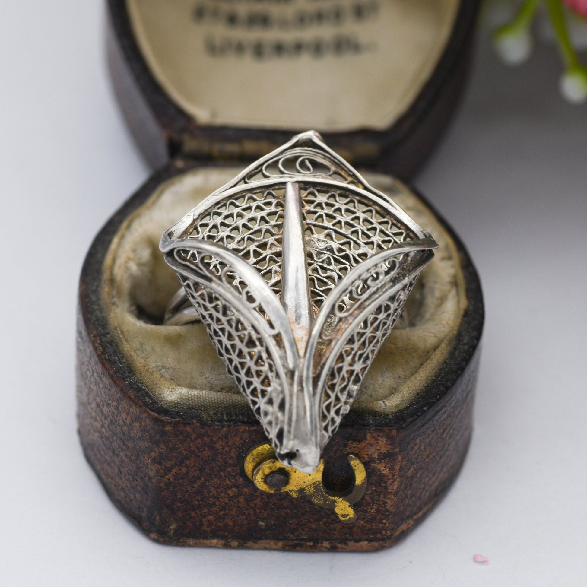 Vintage Silver Filigree Lily Flower Ring - Wirework Open Work Posy Ring | Large Statement | UK Size - M 1/2 | US Size - 6 1/2