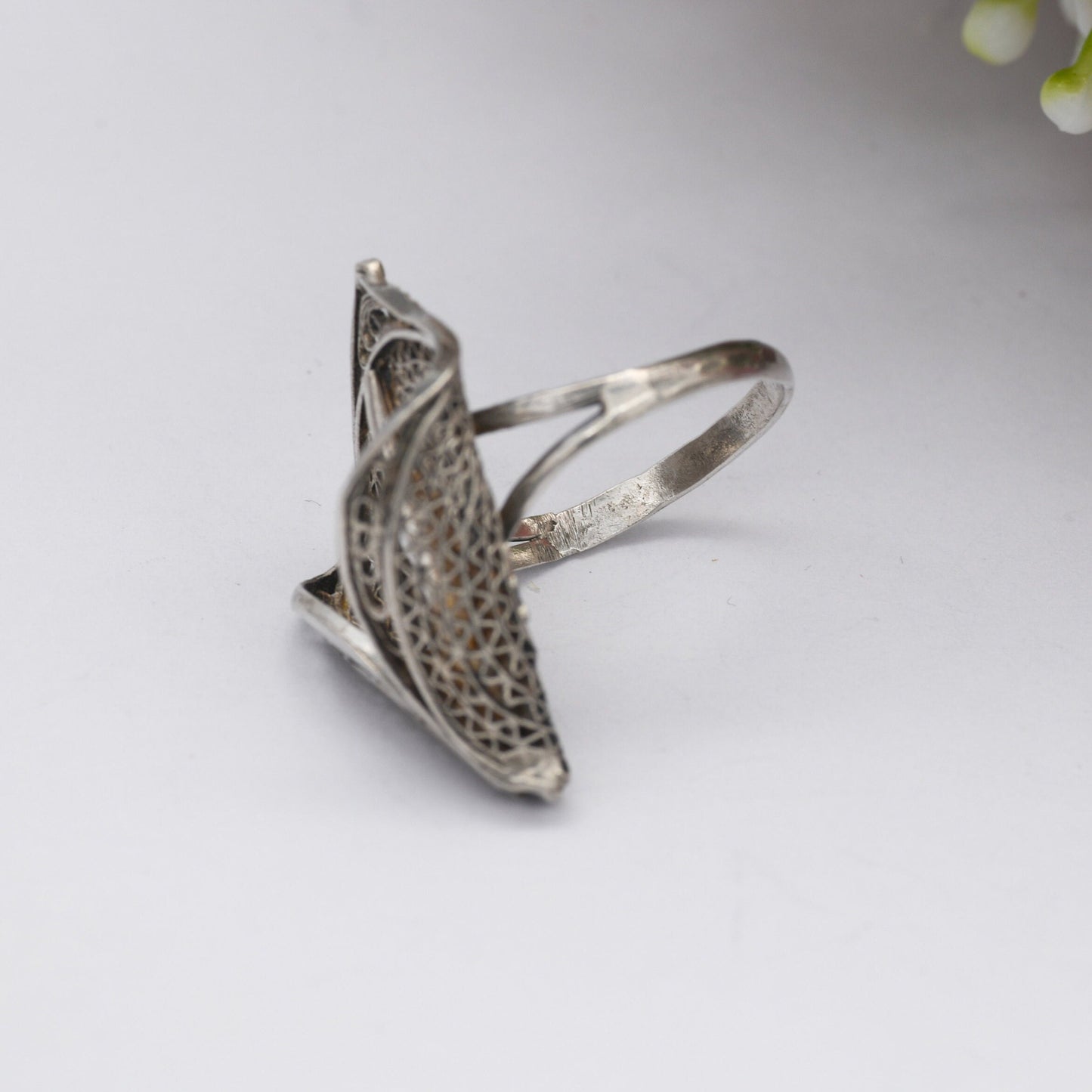 Vintage Silver Filigree Lily Flower Ring - Wirework Open Work Posy Ring | Large Statement | UK Size - M 1/2 | US Size - 6 1/2