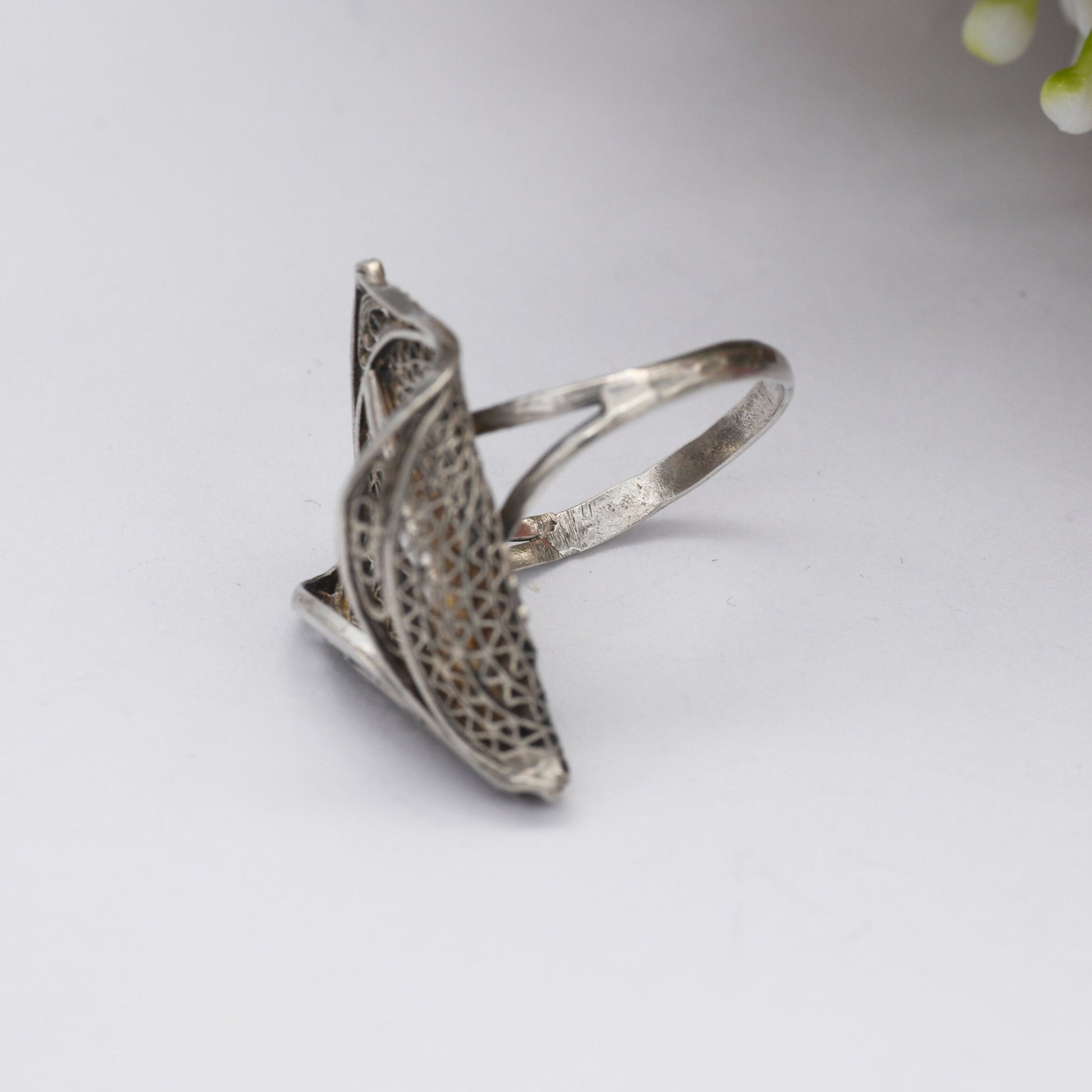 Vintage Silver Filigree Lily Flower Ring - Wirework Open Work Posy Ring | Large Statement | UK Size - M 1/2 | US Size - 6 1/2