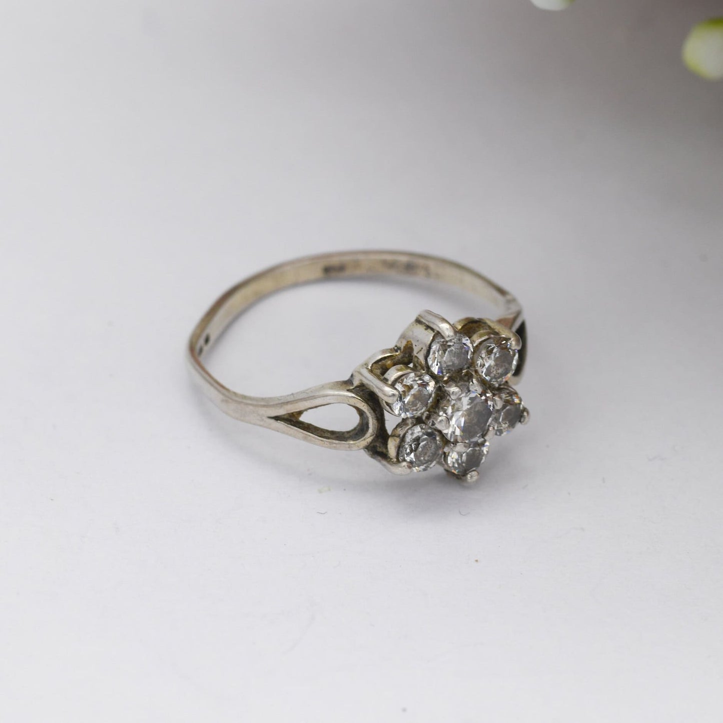 Vintage Sterling Silver Cluster Flower Ring - Statement Clear Stone Cocktail Ring | CZ | UK Size - O 1/2 | US Size - 7 1/2