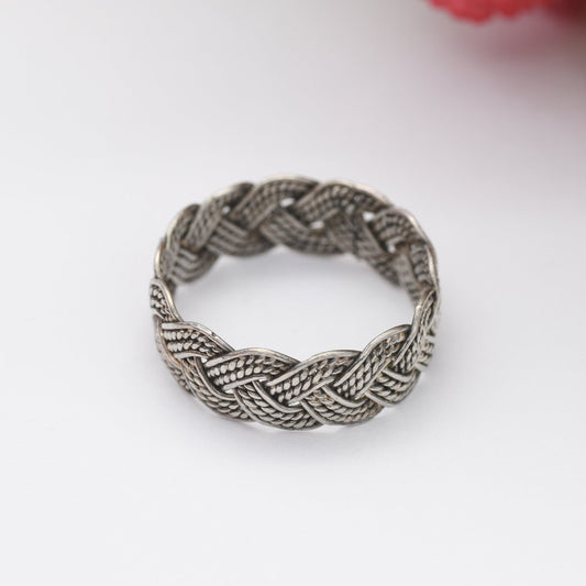 Vintage Silver Rope Twist Band Ring - Knotted Criss-Cross | Textured Chunky Statement | Unisex | UK Size - P 1/2 | US Size - 7 3/4