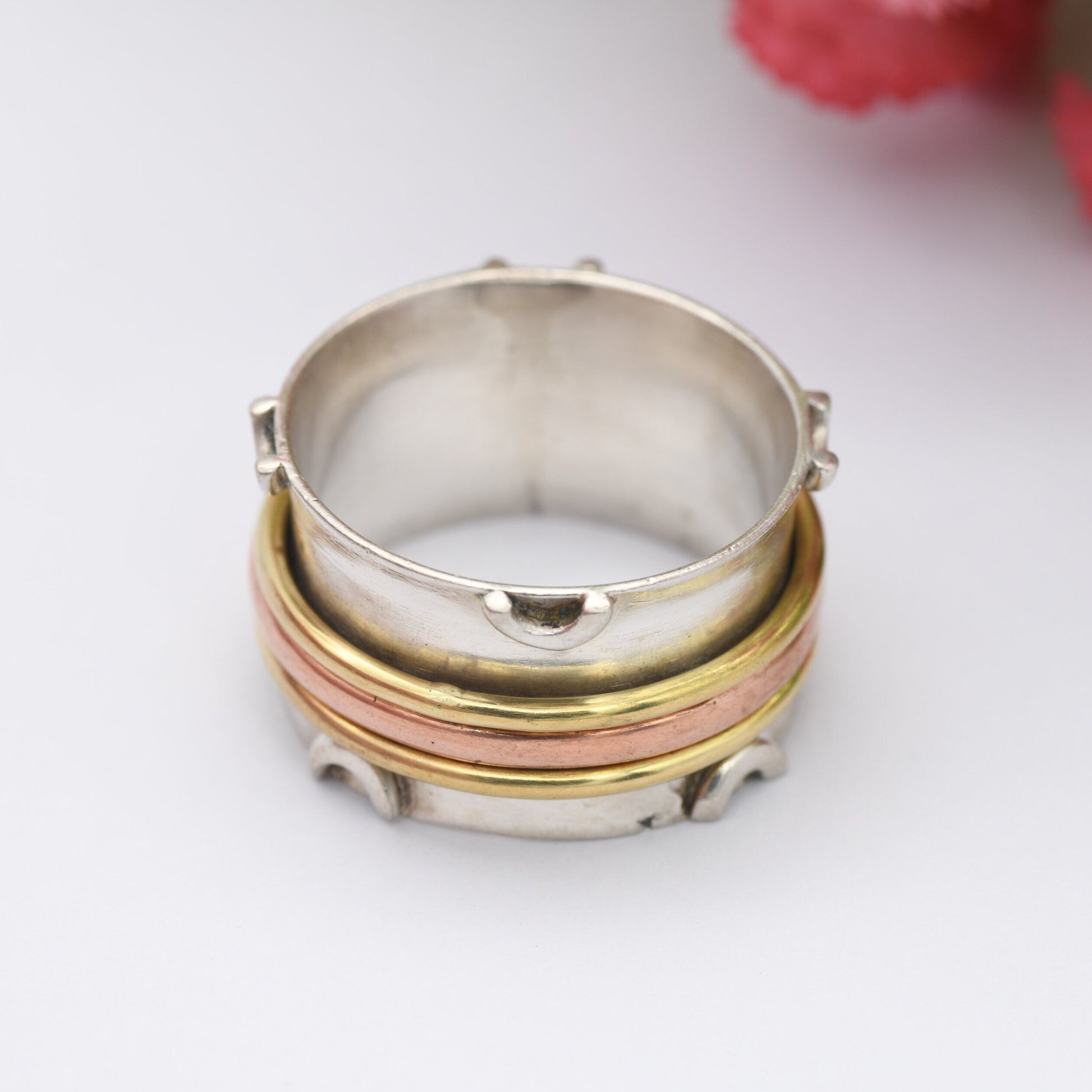 Vintage Sterling Silver Brass Copper Spinner Fidget Ring - Chunky Studio Design Band | UK Size - Q 1/2 | US Size - 8 1/4