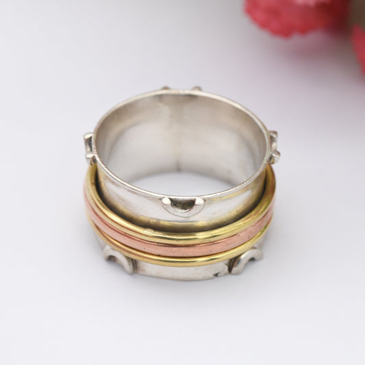 Vintage Sterling Silver Brass Copper Spinner Fidget Ring - Chunky Studio Design Band | UK Size - Q 1/2 | US Size - 8 1/4