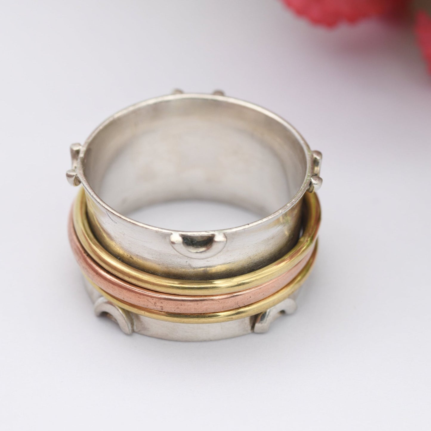 Vintage Sterling Silver Brass Copper Spinner Fidget Ring - Chunky Studio Design Band | UK Size - Q 1/2 | US Size - 8 1/4