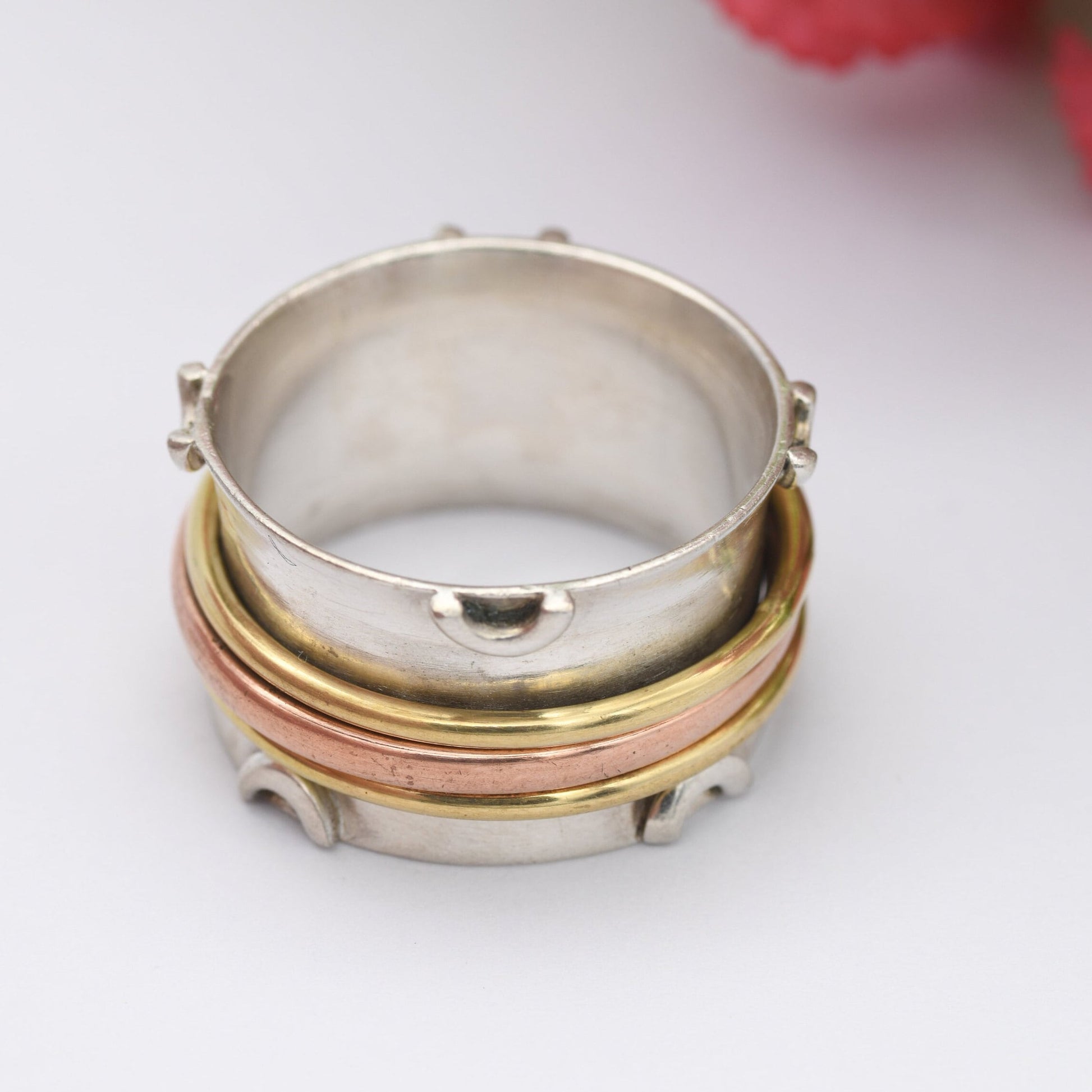 Vintage Sterling Silver Brass Copper Spinner Fidget Ring - Chunky Studio Design Band | UK Size - Q 1/2 | US Size - 8 1/4