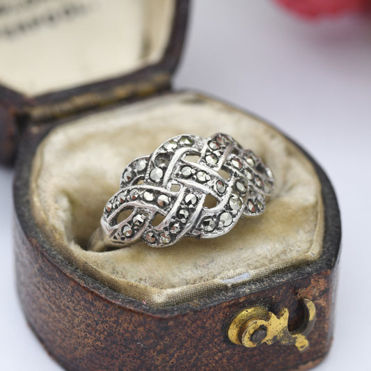 Vintage Silver Marcasite Crossed Band Ring - Celtic Knot | Art Deco Style | UK Size K 1/2 | US Size 5 1/2