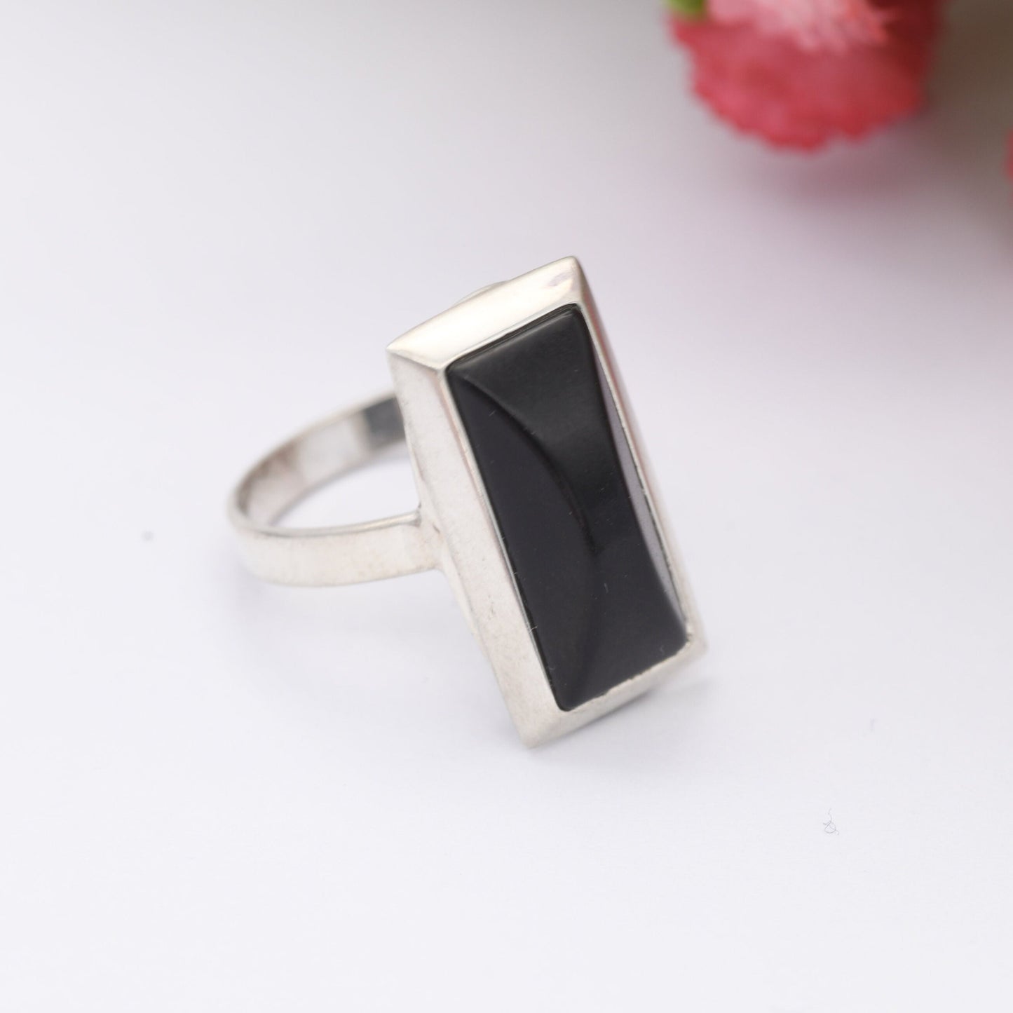 Vintage Sterling Silver Onyx Statement Ring - Chunky Cocktail | Black Rectangle Stone | UK Size - N | US Size - 6 3/4