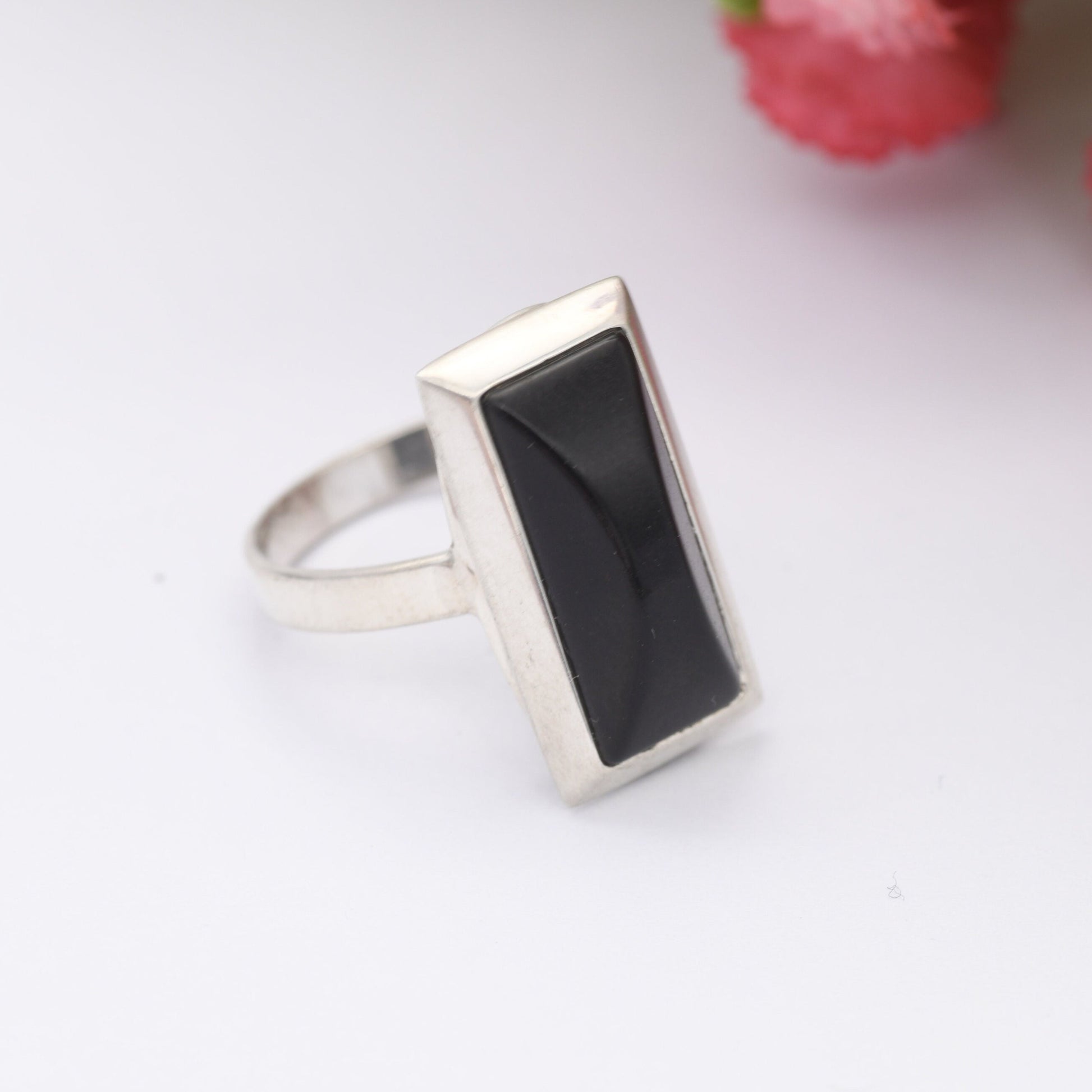 Vintage Sterling Silver Onyx Statement Ring - Chunky Cocktail | Black Rectangle Stone | UK Size - N | US Size - 6 3/4