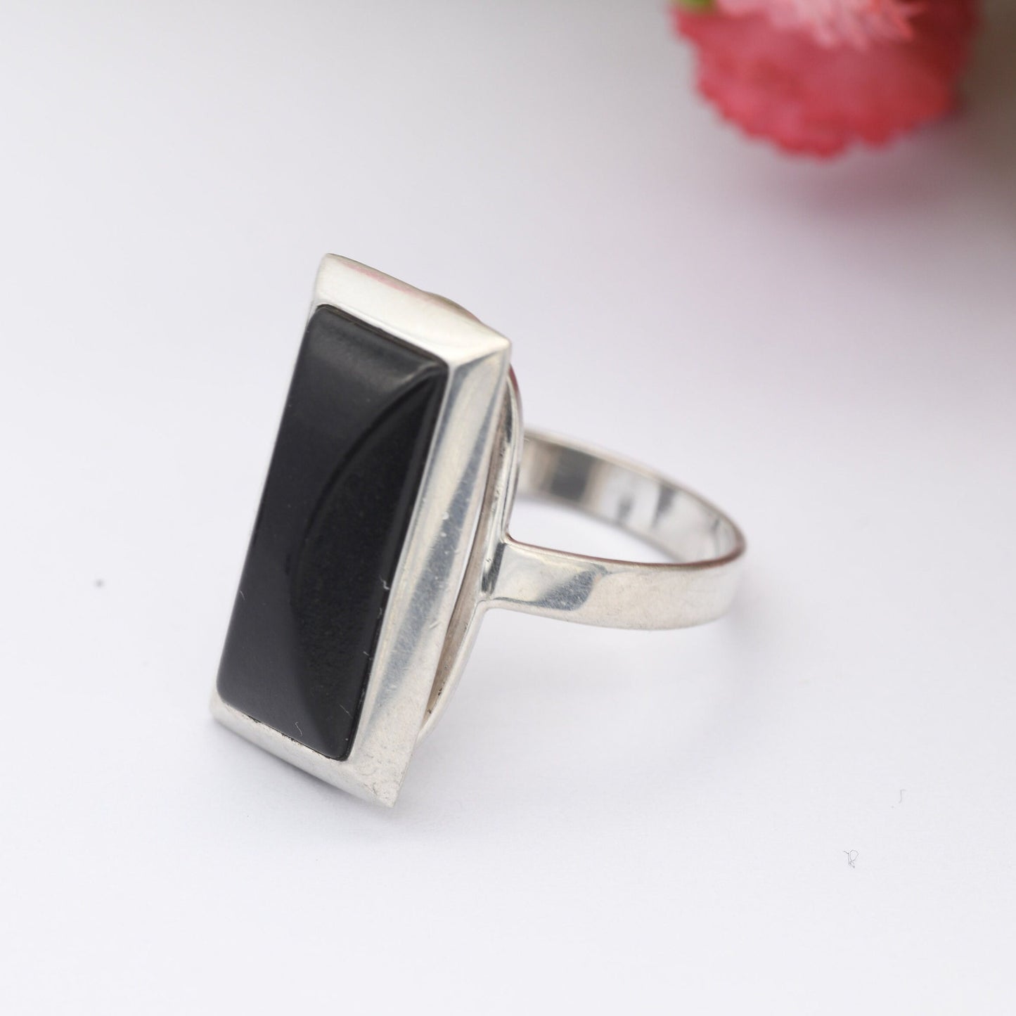 Vintage Sterling Silver Onyx Statement Ring - Chunky Cocktail | Black Rectangle Stone | UK Size - N | US Size - 6 3/4