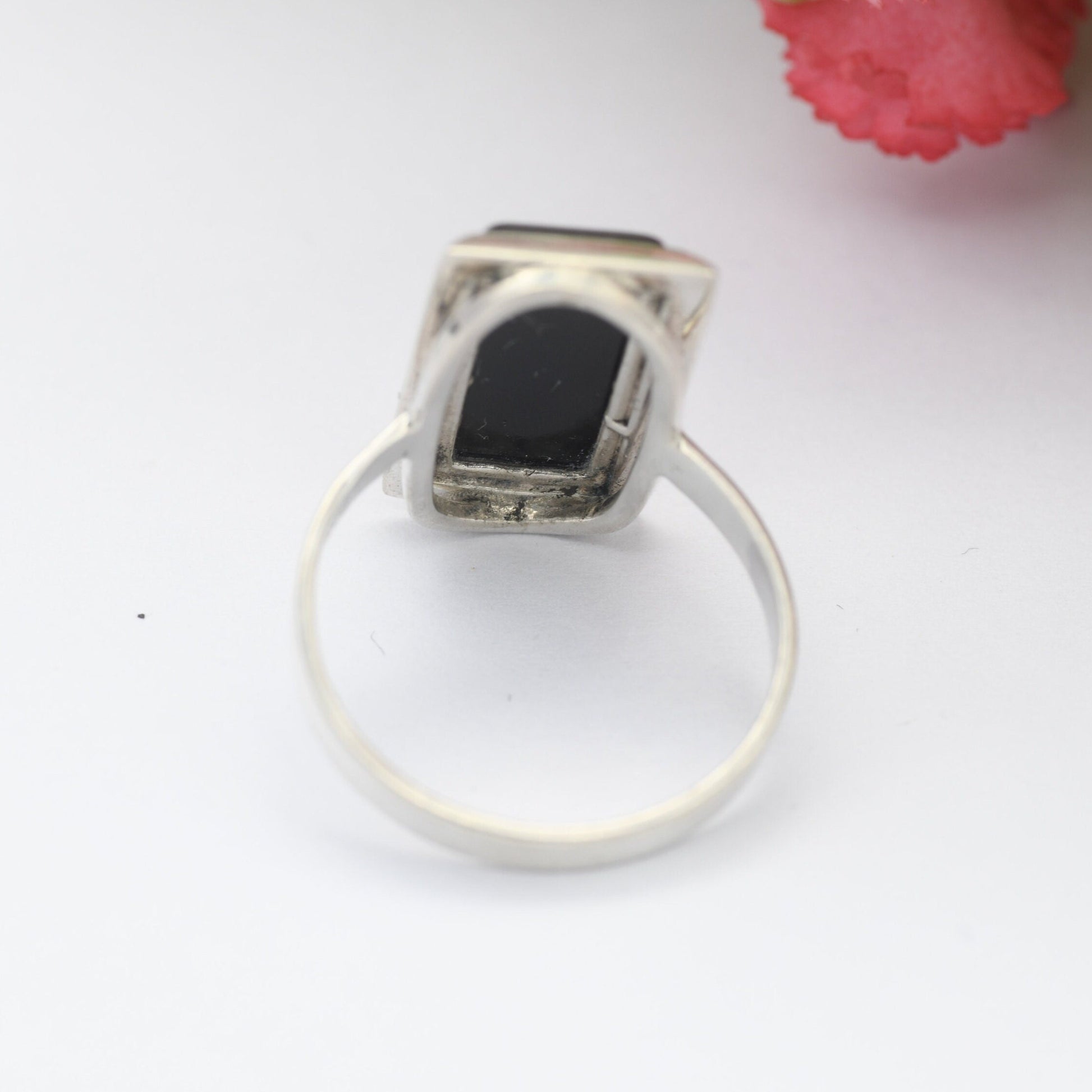 Vintage Sterling Silver Onyx Statement Ring - Chunky Cocktail | Black Rectangle Stone | UK Size - N | US Size - 6 3/4