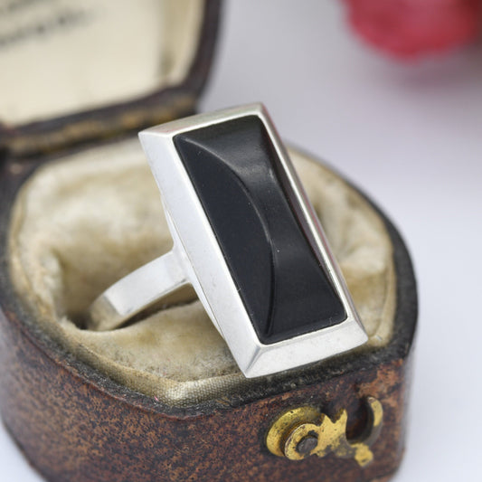 Vintage Sterling Silver Onyx Statement Ring - Chunky Cocktail | Black Rectangle Stone | UK Size - N | US Size - 6 3/4