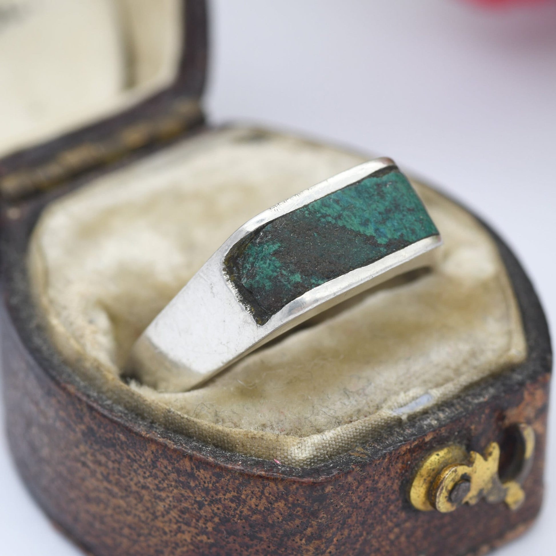 Vintage Sterling Silver Blue Stone Signet Ring - Modernist Mexico Design | UK Size - P | US Size - 7 3/4