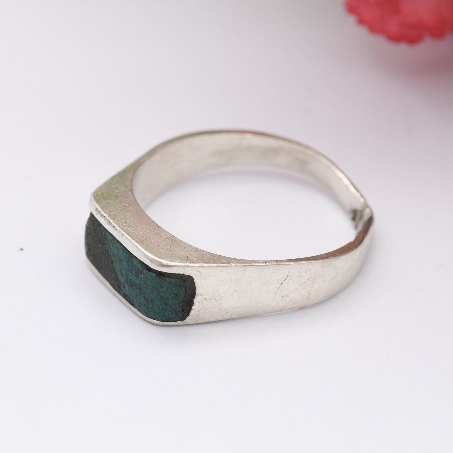 Vintage Sterling Silver Blue Stone Signet Ring - Modernist Mexico Design | UK Size - P | US Size - 7 3/4