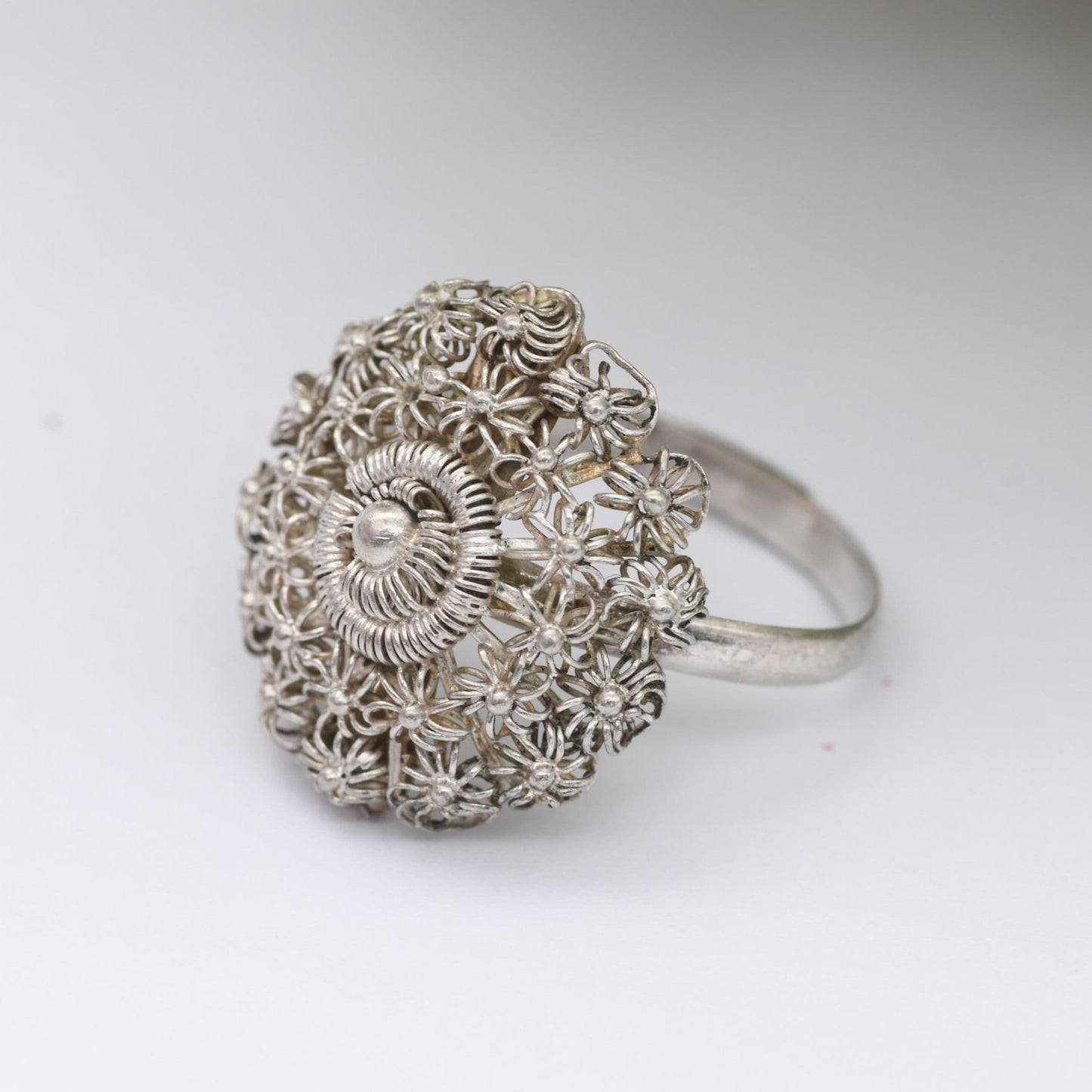 Vintage Silver Wirework Flower Ring - Adjustable Band Size | UK Size - Q | US Size - 8