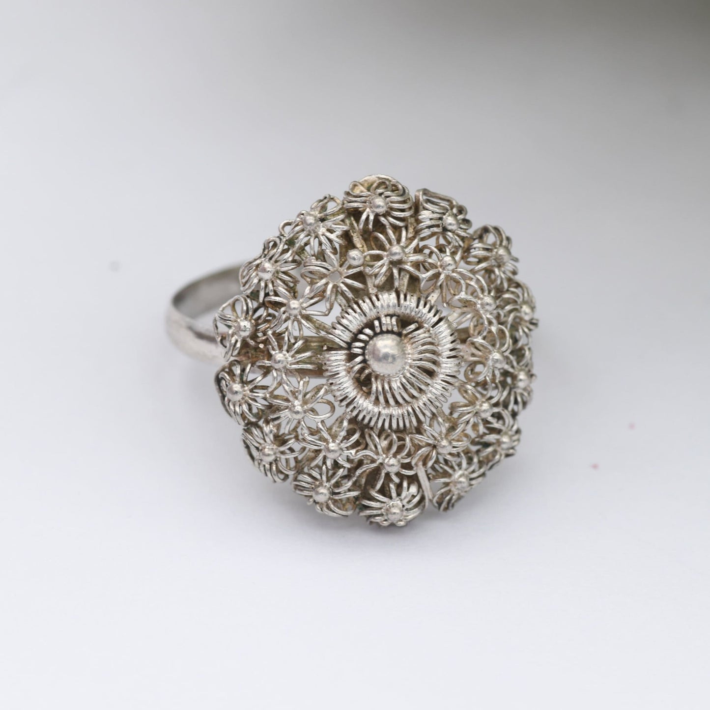 Vintage Silver Wirework Flower Ring - Adjustable Band Size | UK Size - Q | US Size - 8