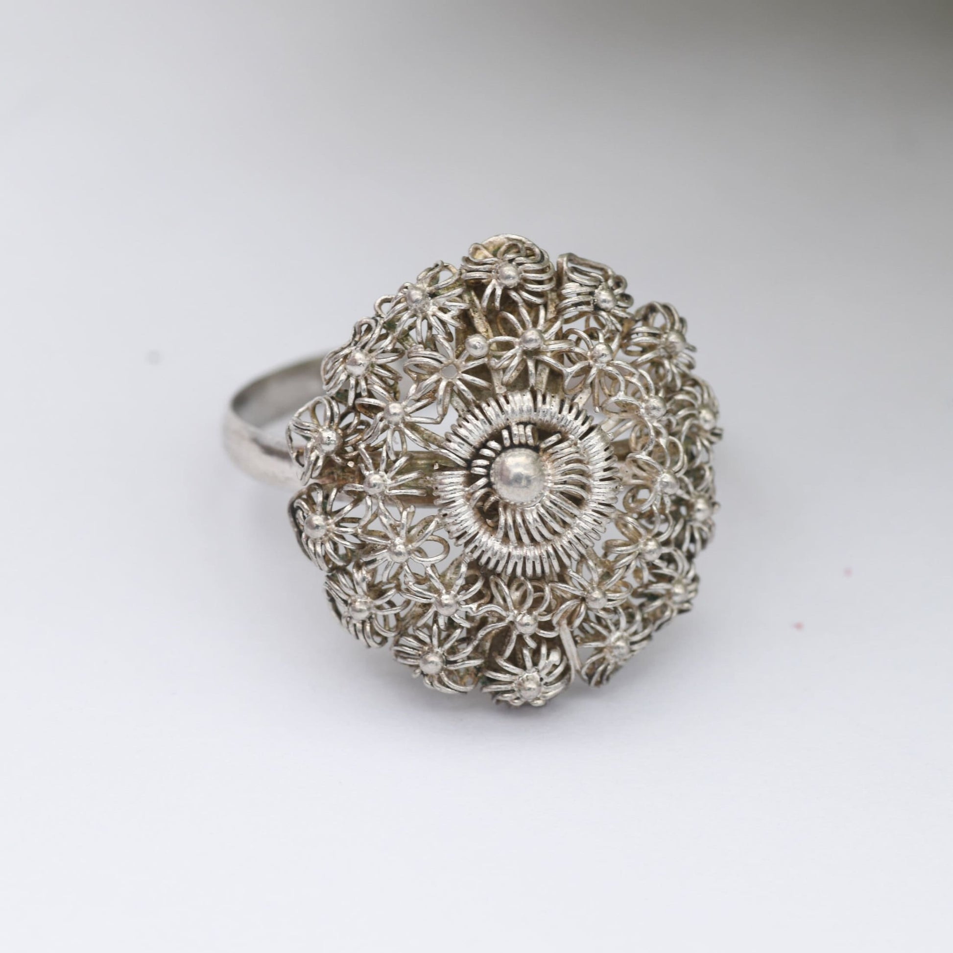 Vintage Silver Wirework Flower Ring - Adjustable Band Size | UK Size - Q | US Size - 8
