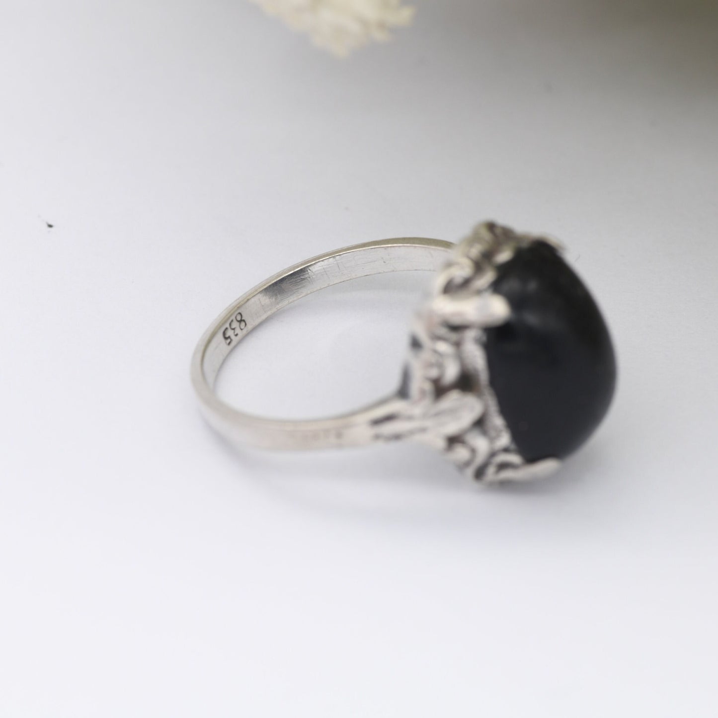 Vintage Silver Black Stone Statement Ring - Mid-Century Victorian Revival | Floral Leaf Design | UK Size - P 1/2 | US Size - 7 3/4
