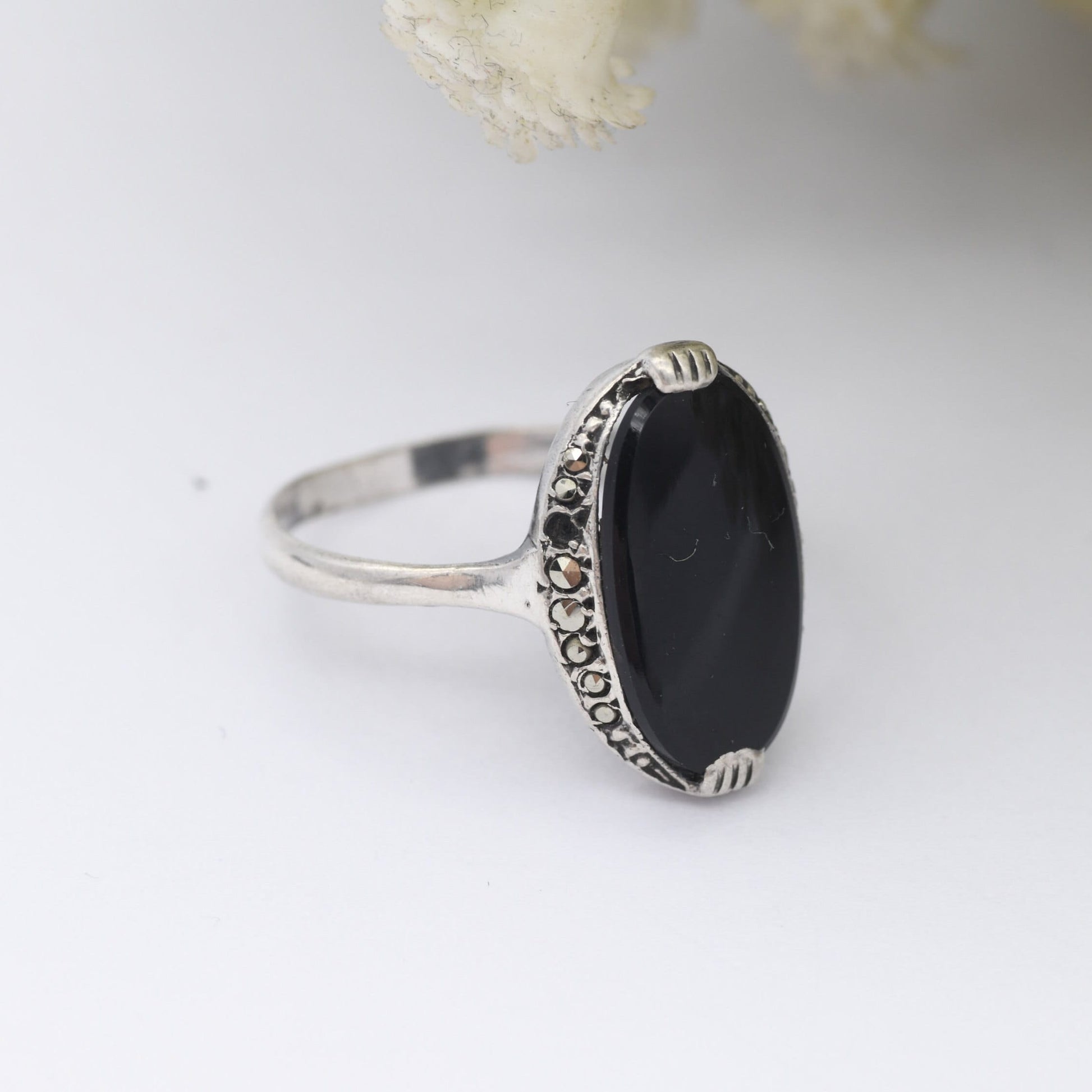 Vintage Sterling Silver Onyx and Marcasite Ring - Art Deco Style Cocktail Ring | UK Size - N | US Size - 6 3/4