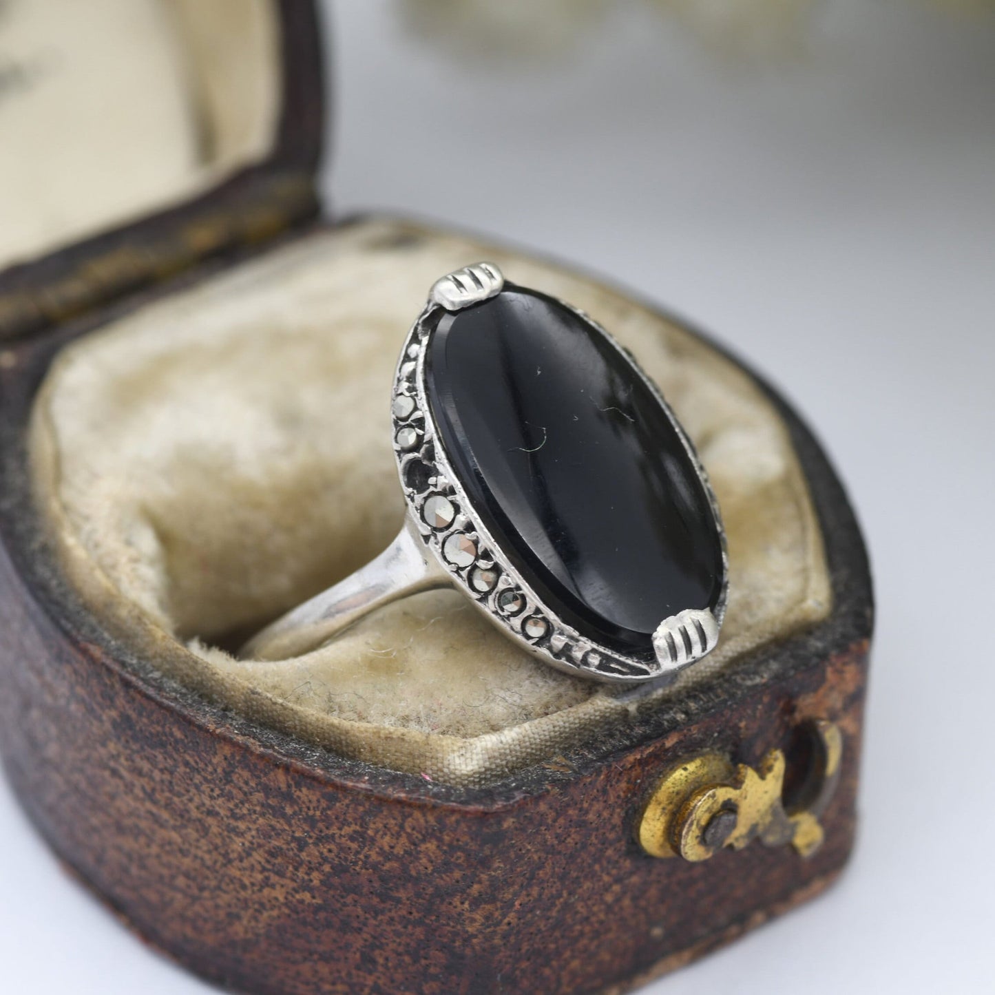 Vintage Sterling Silver Onyx and Marcasite Ring - Art Deco Style Cocktail Ring | UK Size - N | US Size - 6 3/4