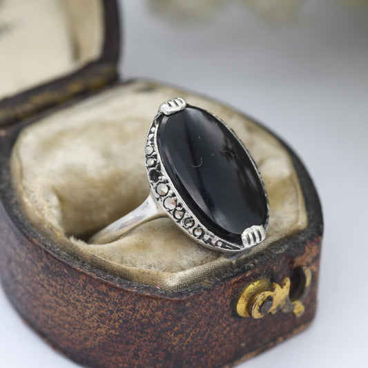 Vintage Sterling Silver Onyx and Marcasite Ring - Art Deco Style Cocktail Ring | UK Size - N | US Size - 6 3/4