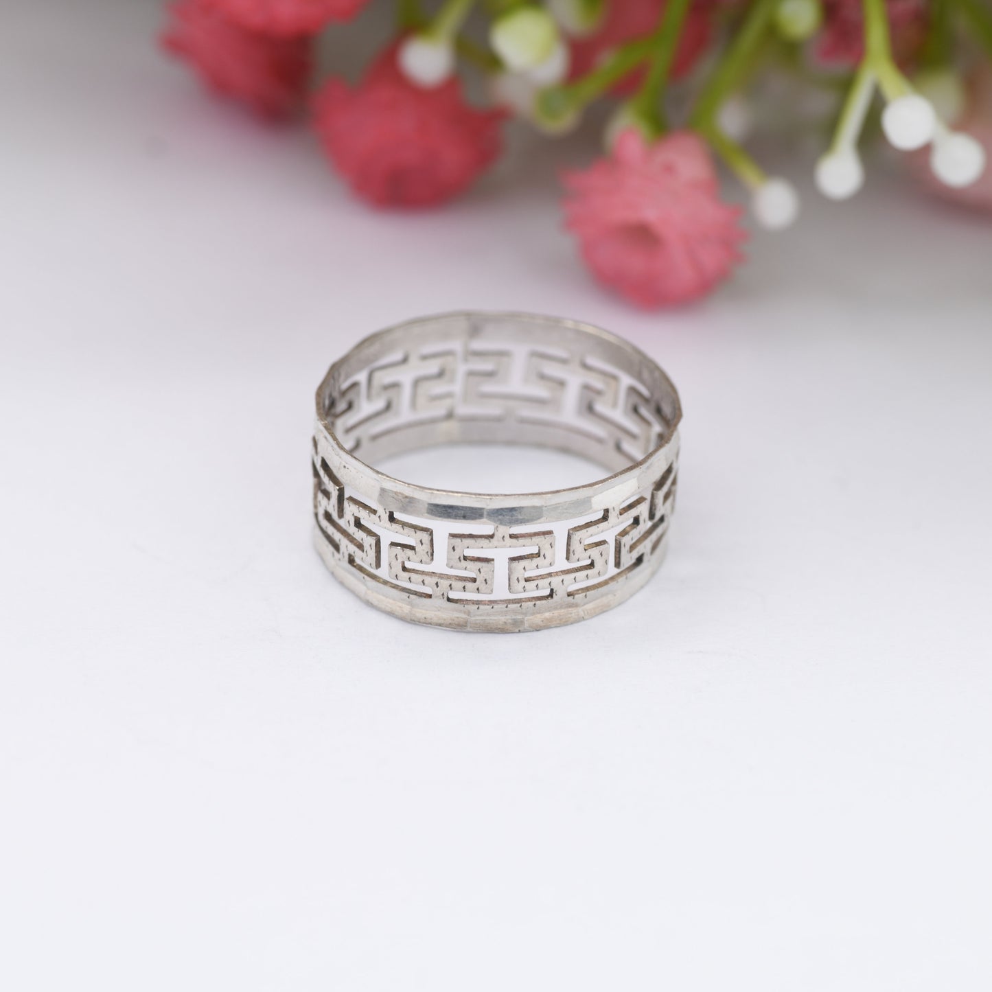 Vintage Sterling Silver Greek Key Band Ring - Openwork Meander Band | Chunky Minimal Unisex Silver | UK Size - R | US Size - 8 1/2