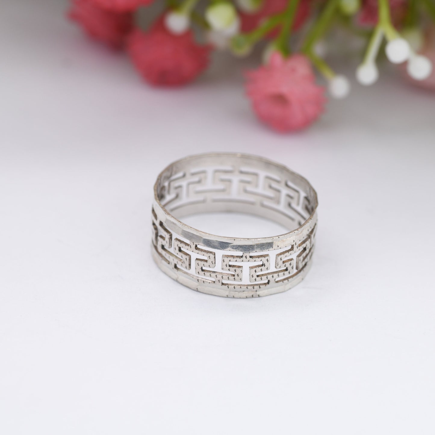 Vintage Sterling Silver Greek Key Band Ring - Openwork Meander Band | Chunky Minimal Unisex Silver | UK Size - R | US Size - 8 1/2