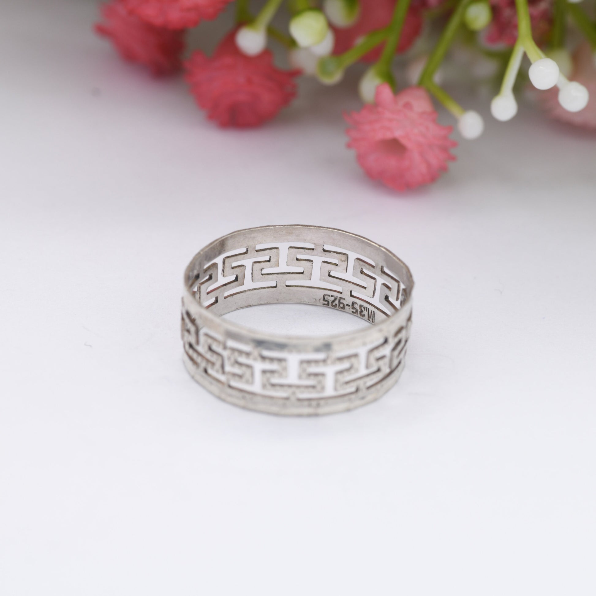 Vintage Sterling Silver Greek Key Band Ring - Openwork Meander Band | Chunky Minimal Unisex Silver | UK Size - R | US Size - 8 1/2