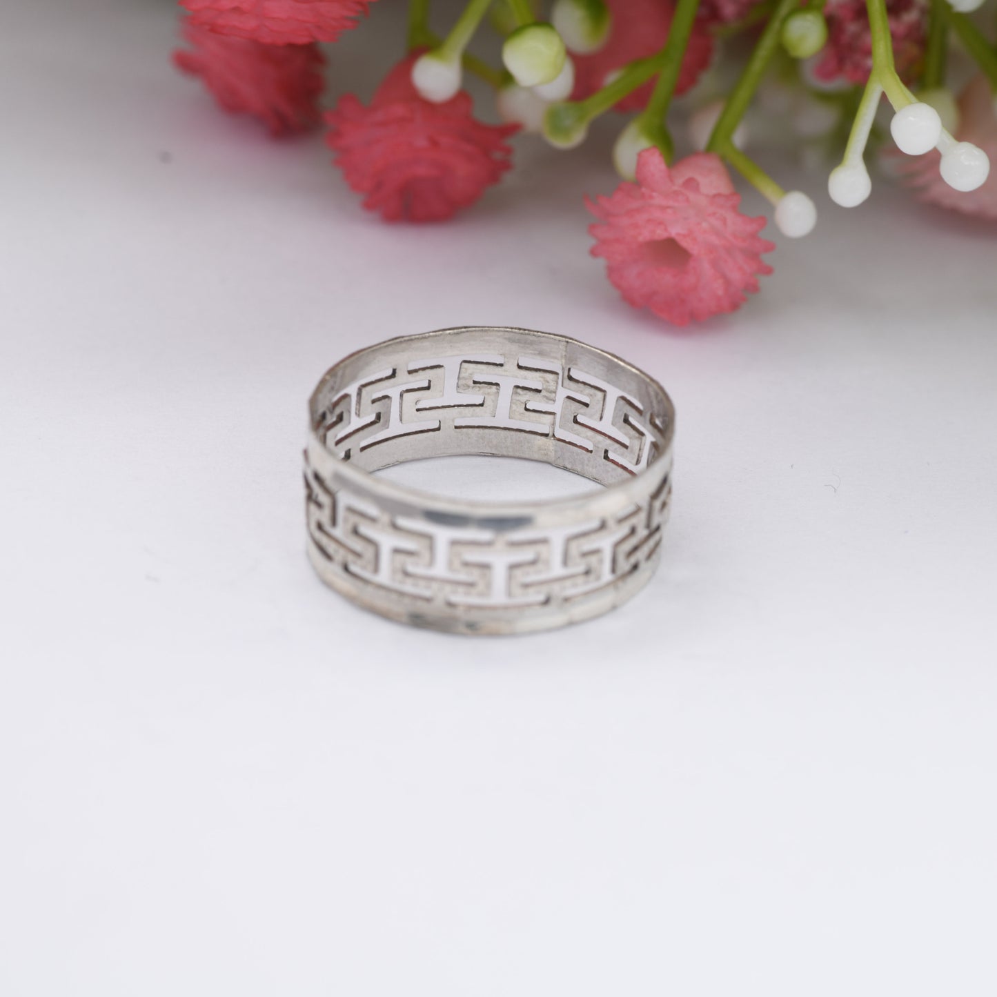 Vintage Sterling Silver Greek Key Band Ring - Openwork Meander Band | Chunky Minimal Unisex Silver | UK Size - R | US Size - 8 1/2