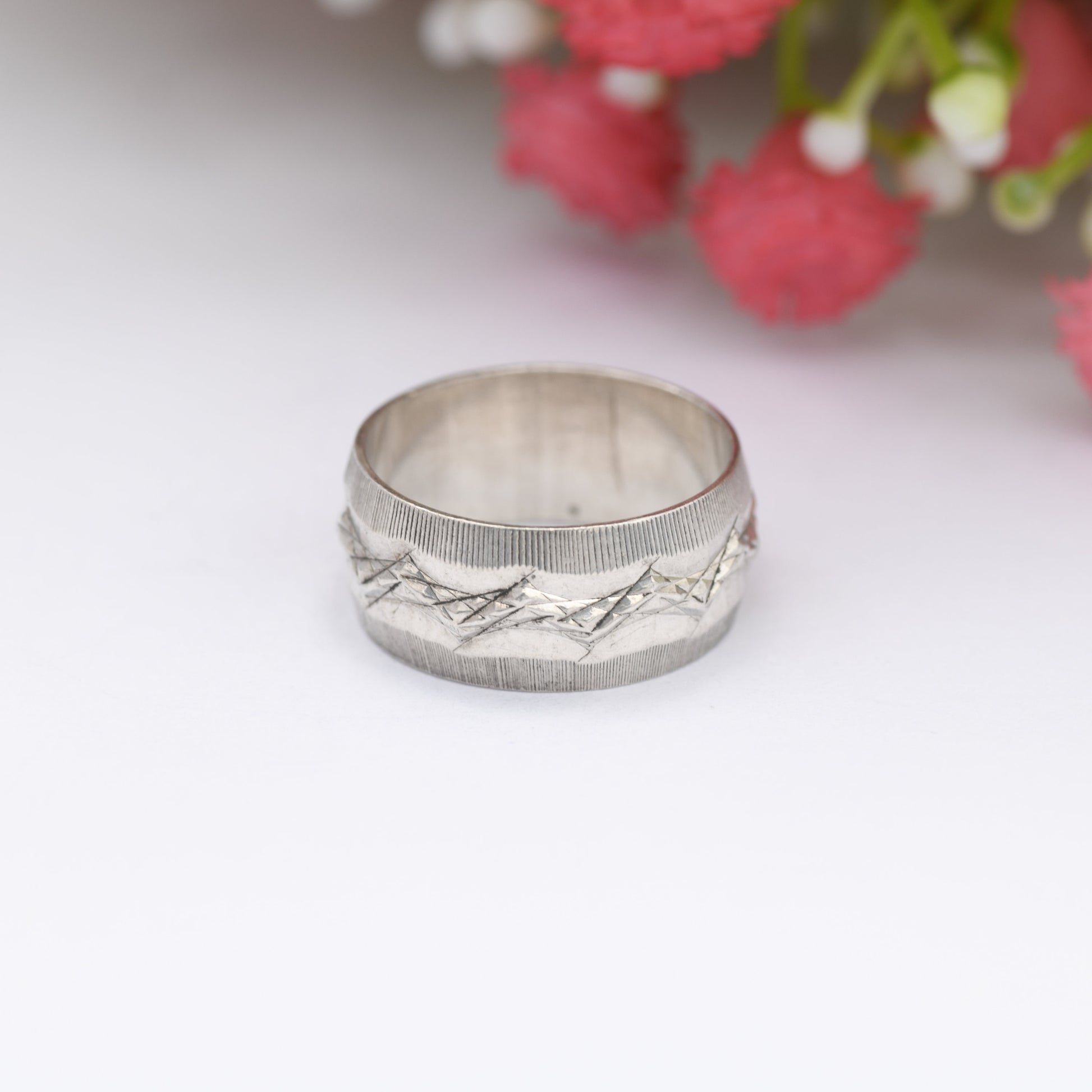 Vintage Sterling Silver Patterned Band Ring 1976 by Toye Kenning and Spencer TK&S - Chunky Mid-Century | UK Size - L | US Size - 5 3/4