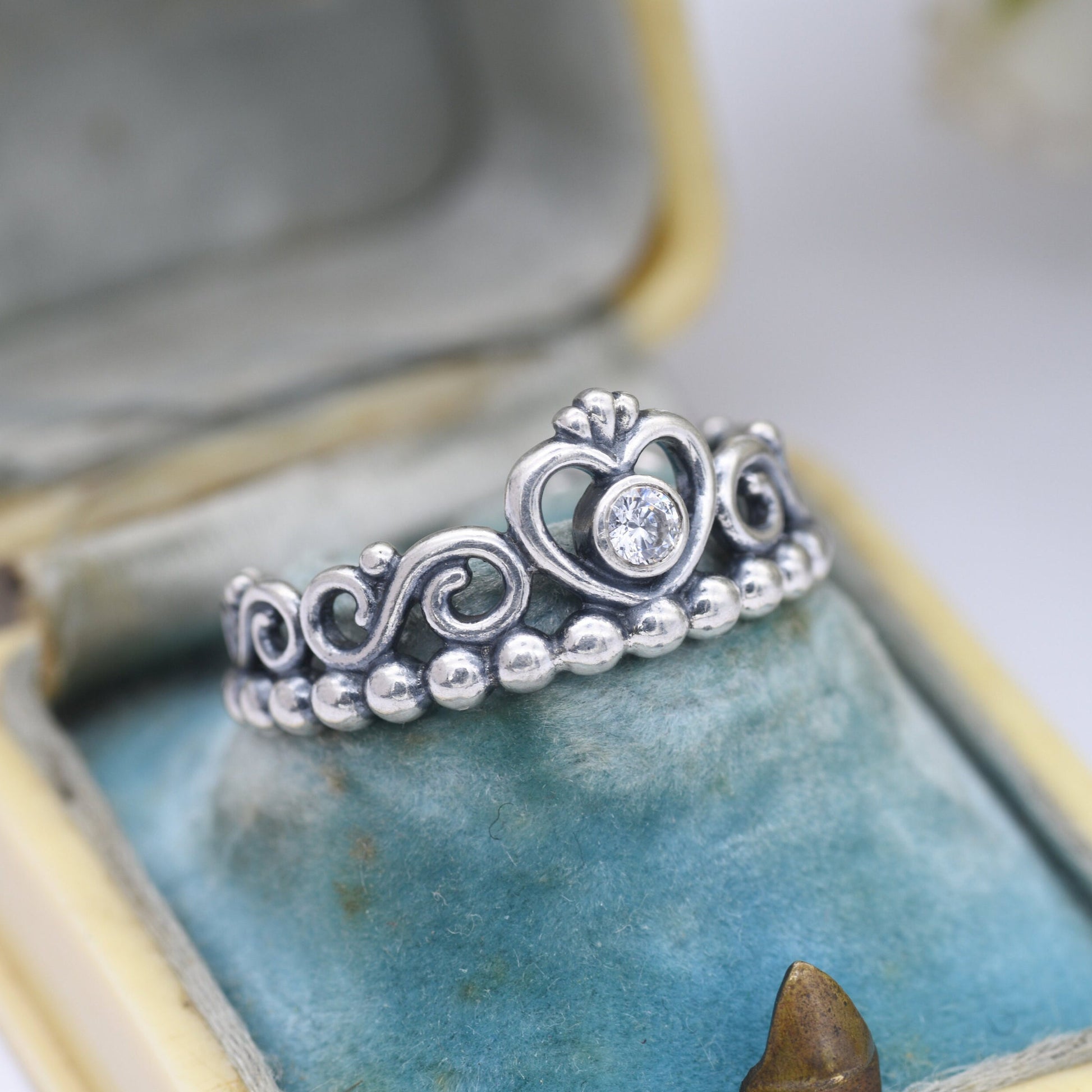 Sterling Silver Pandora Princess Tiara Crown Ring with CZ Stone - Sparkly Ball Band | UK Size - L 1/2 | US Size - 6