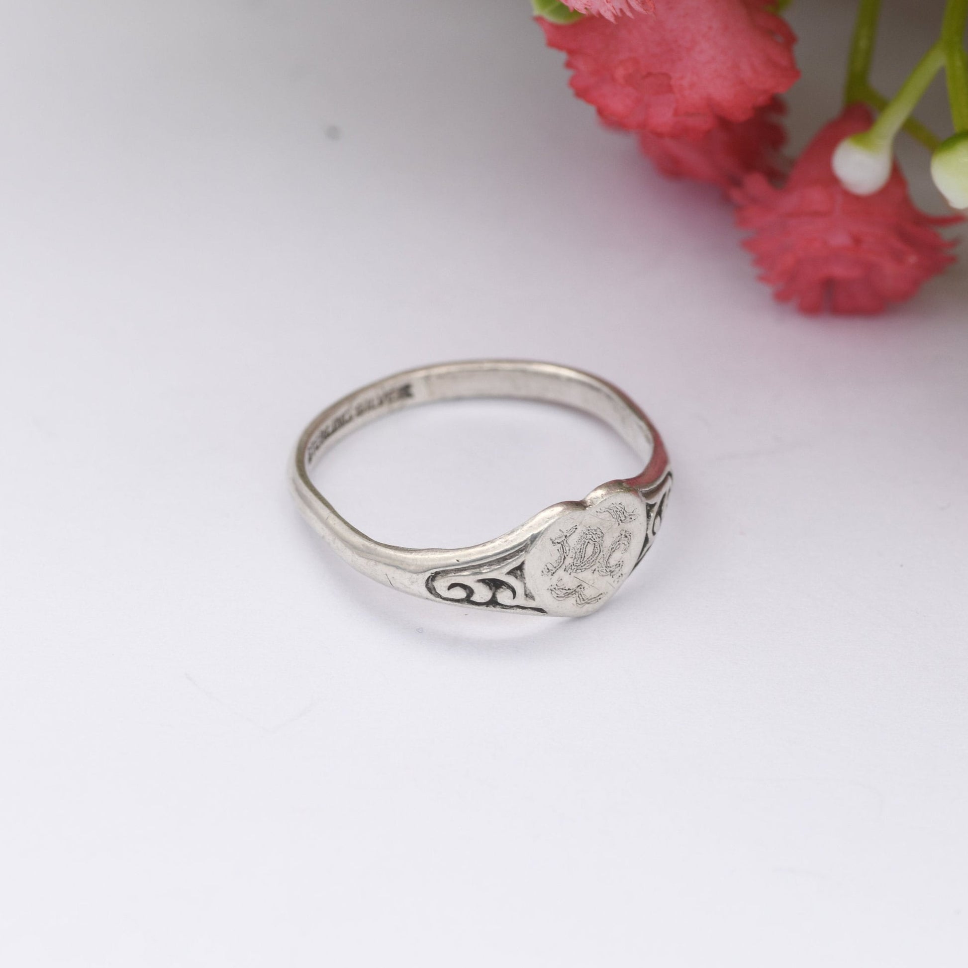 Vintage Sterling Silver Heart Signet Ring - Engraved Initials JDC | UK Size - M | US Size - 6 1/4