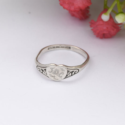 Vintage Sterling Silver Heart Signet Ring - Engraved Initials JDC | UK Size - M | US Size - 6 1/4