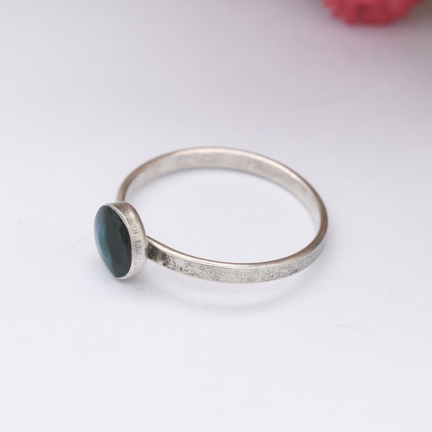 Vintage Sterling Silver Blue Green Stone Ring - Mid-Century Minimalist Modernist Ring | Earth Gemstone | UK Size - M 1/2 | US Size - 6 1/4