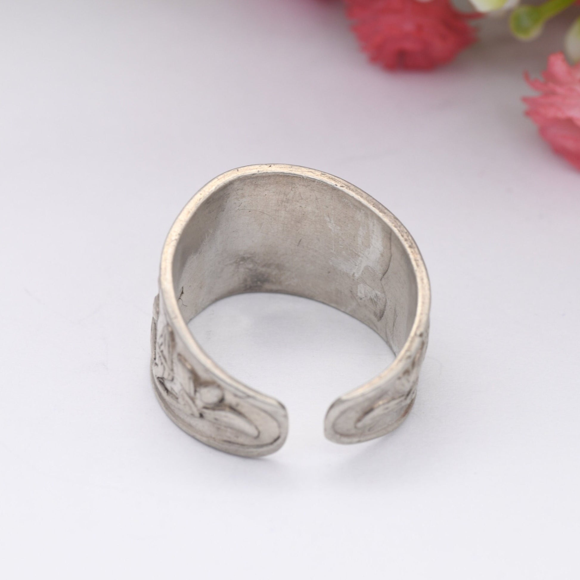 Vintage Silver Egyptian Lotus Flower Ring - Traditional Symbol | Unisex Chunky Adjustable Band Ring | UK Size - P | US Size - 7 1/2