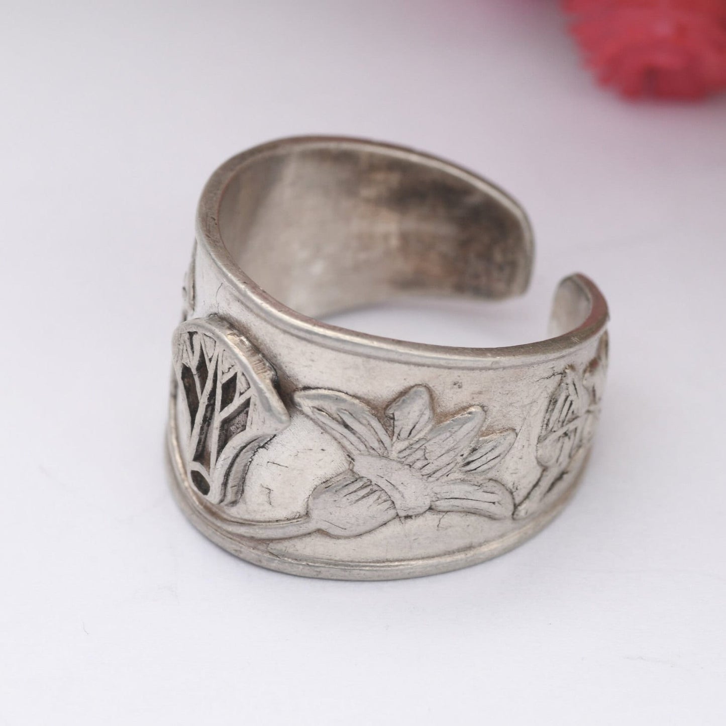 Vintage Silver Egyptian Lotus Flower Ring - Traditional Symbol | Unisex Chunky Adjustable Band Ring | UK Size - P | US Size - 7 1/2