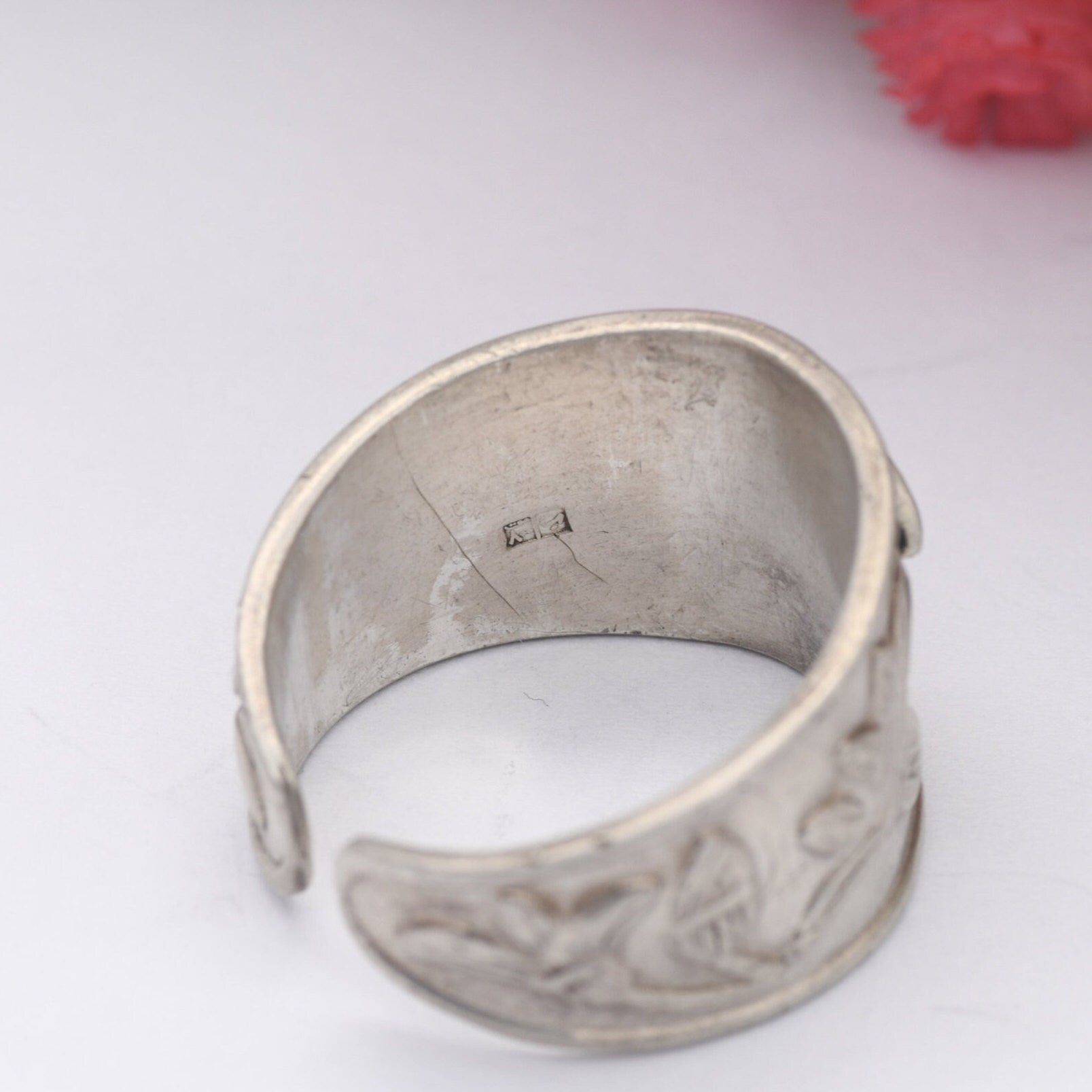 Vintage Silver Egyptian Lotus Flower Ring - Traditional Symbol | Unisex Chunky Adjustable Band Ring | UK Size - P | US Size - 7 1/2