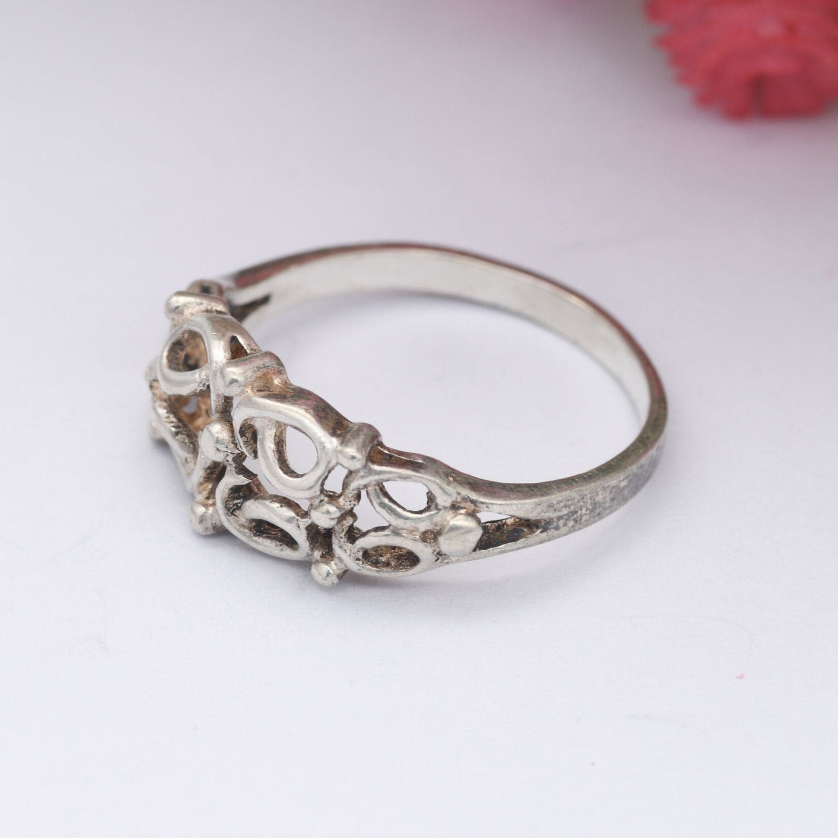 Vintage Sterling Silver Ring - Openwork Knot and Ball Design | UK Size - N 1/2 | US Size - 7